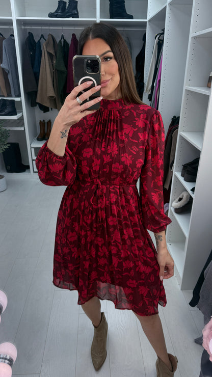 Monroe Wine Floral Print Pleated Dress