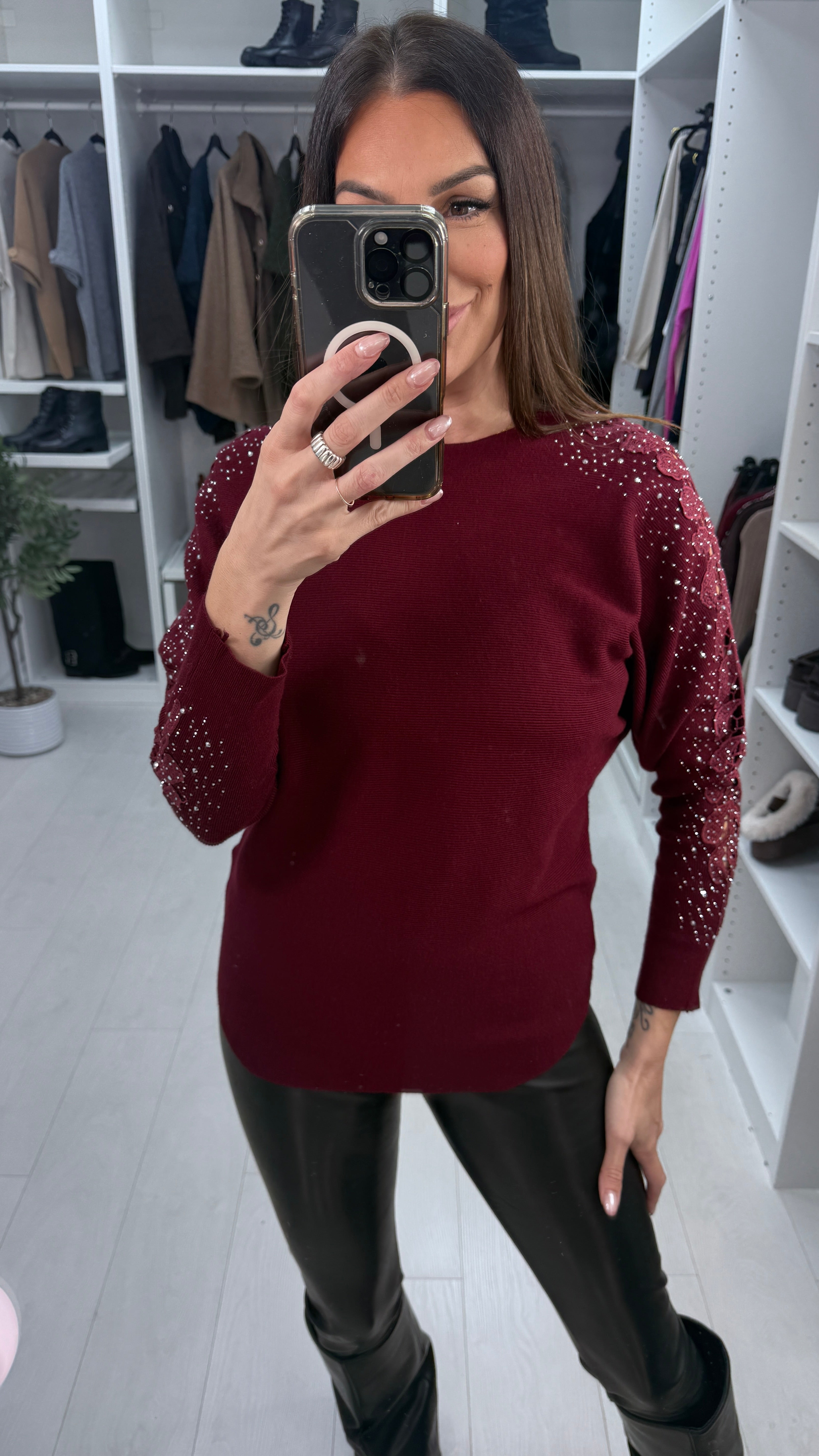 Stacey Crochet & Diamante Embellished Sleeve Knit Jumper