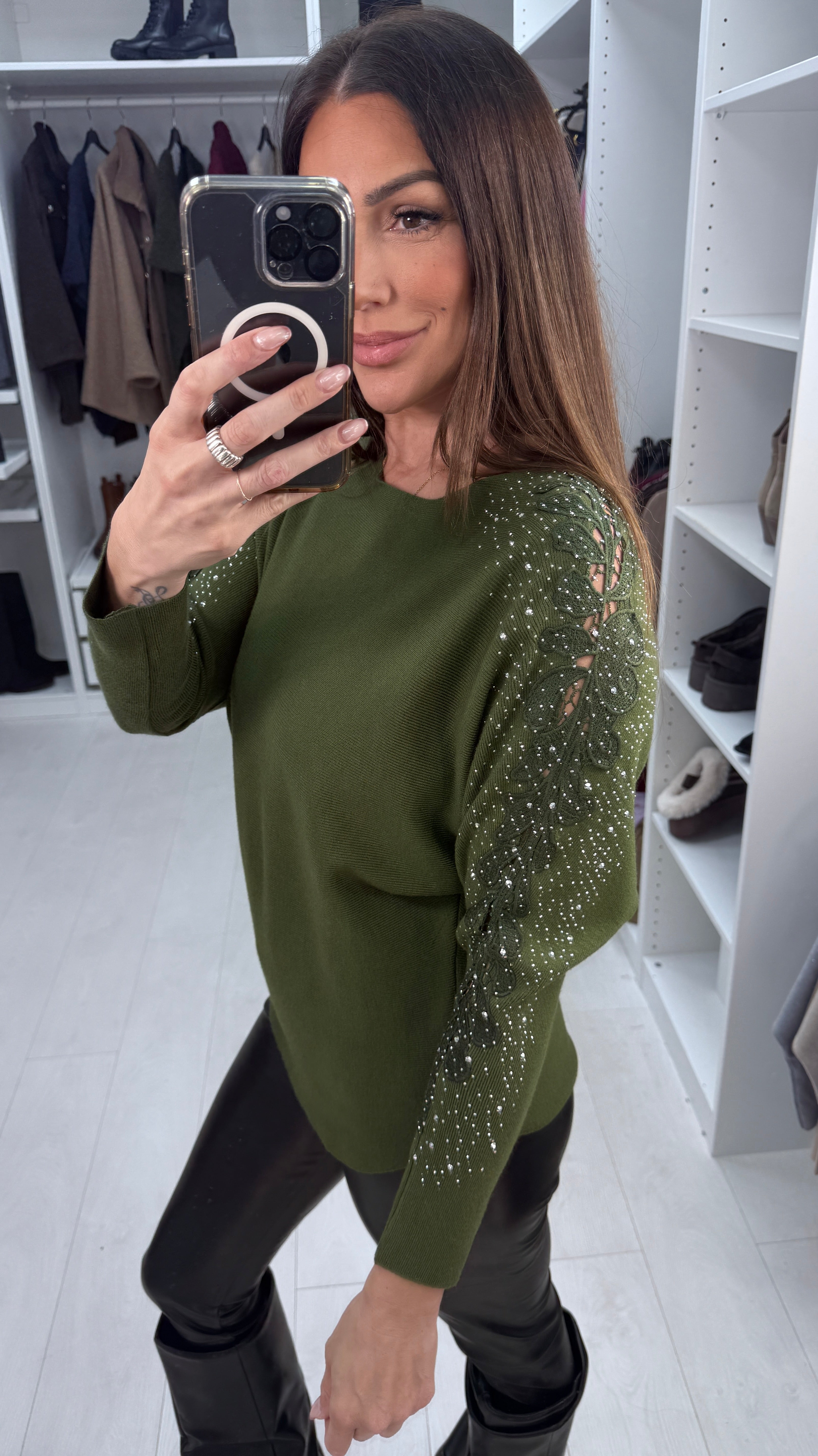 Stacey Crochet & Diamante Embellished Sleeve Knit Jumper