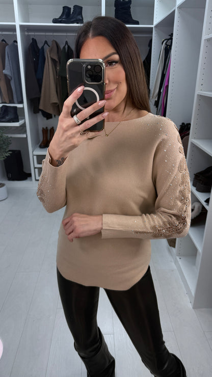Stacey Crochet & Diamante Embellished Sleeve Knit Jumper