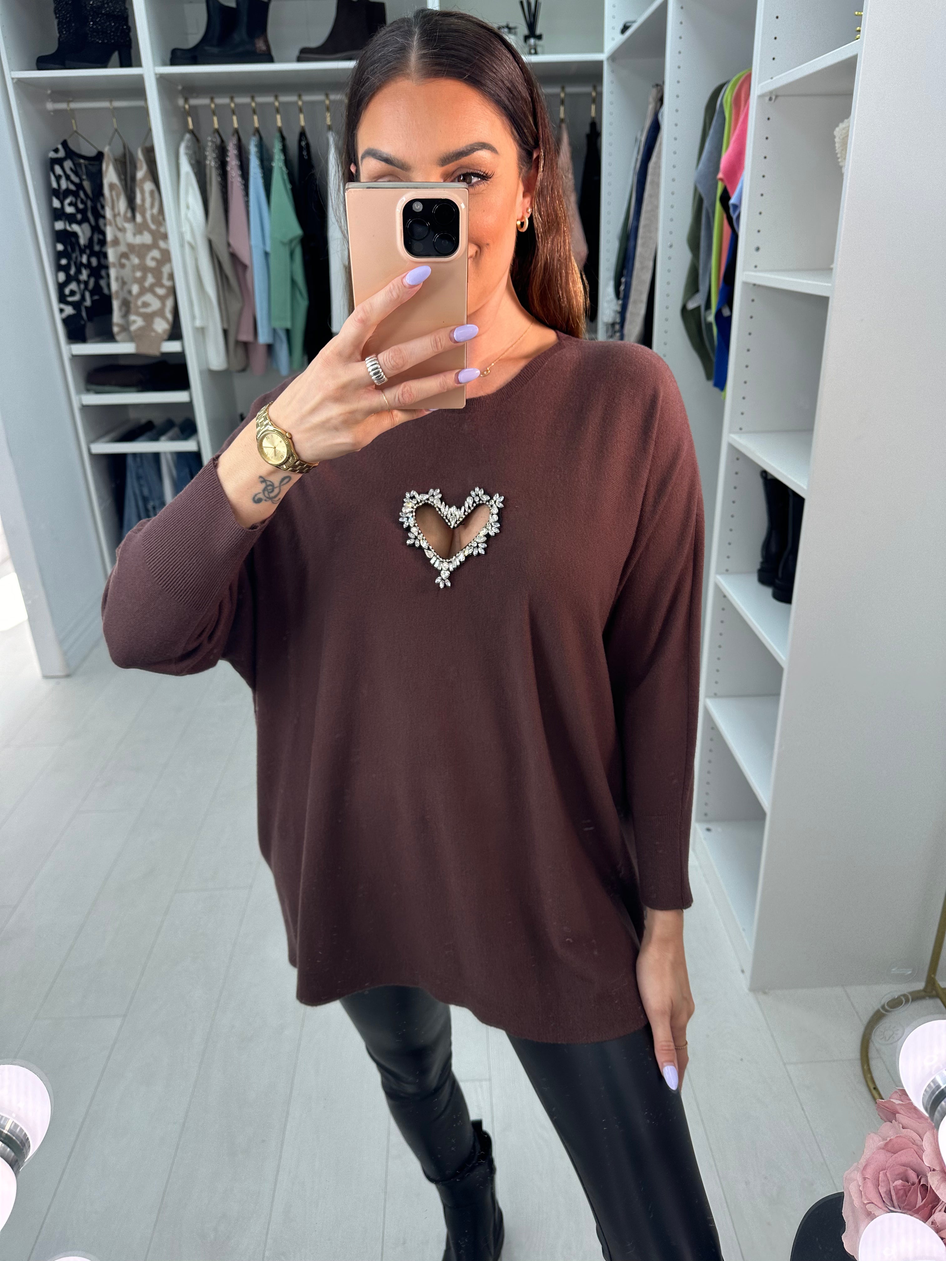 Rose Diamante Cut Out Heart Detail Jumper