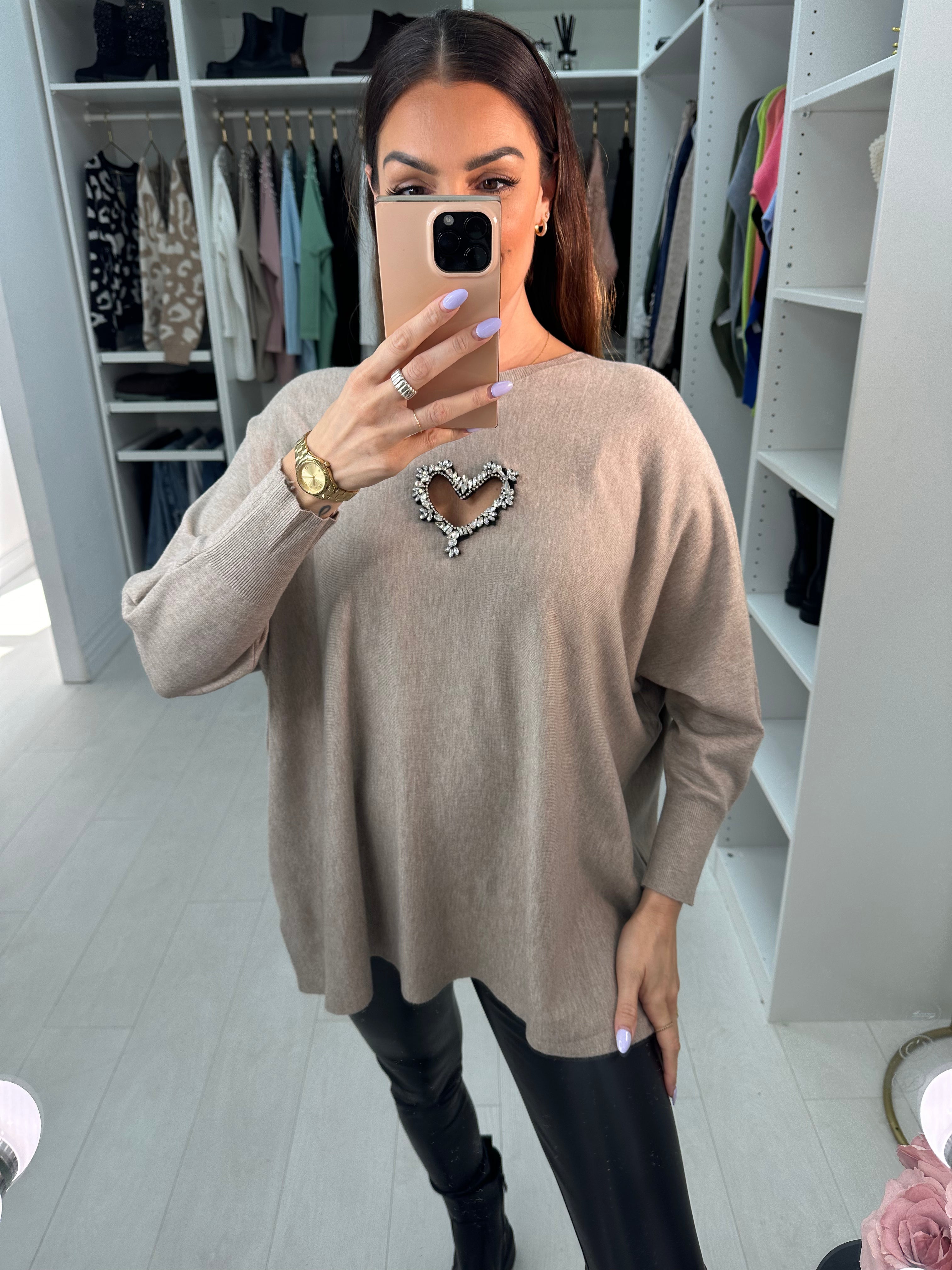 Rose Diamante Cut Out Heart Detail Jumper