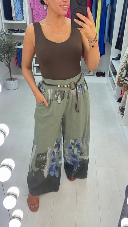 Leena Watercolour Print Belted Detail Wide Leg Trousers