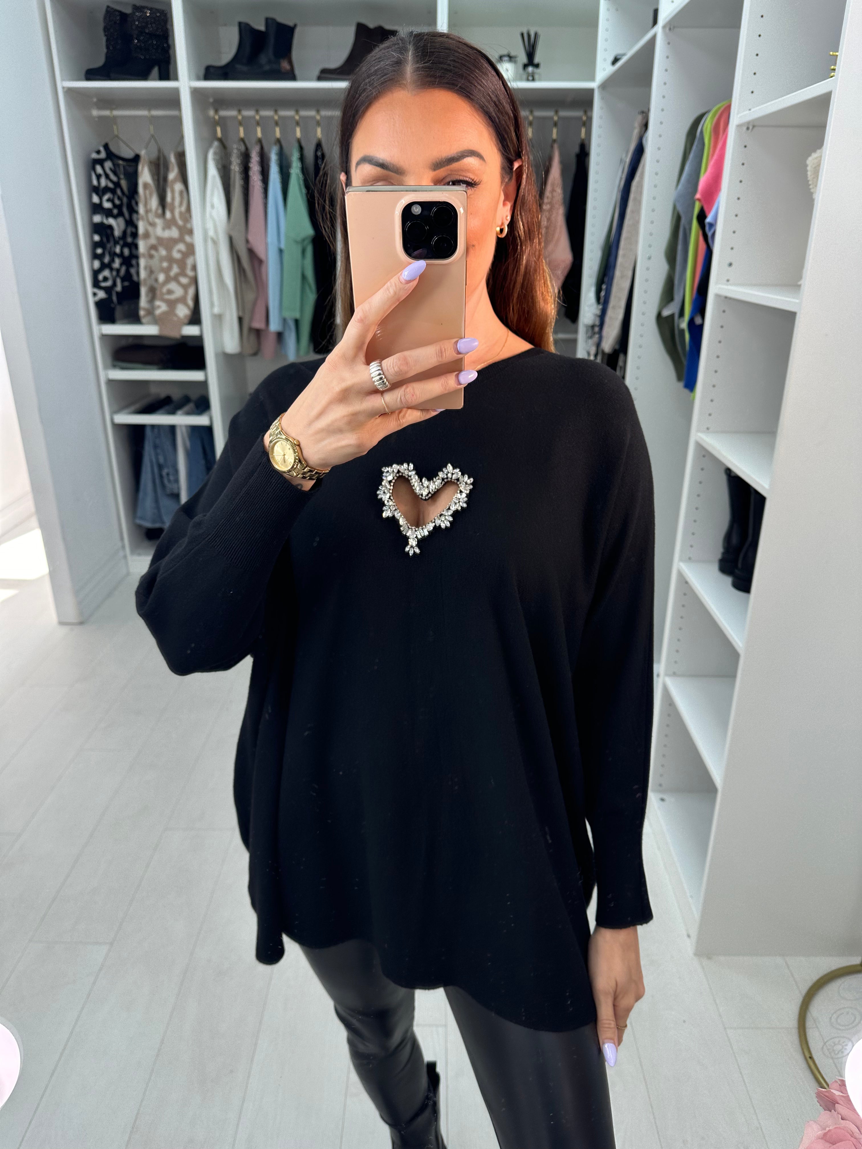 Rose Diamante Cut Out Heart Detail Jumper