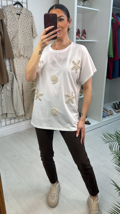 Maxine Embellished Crochet Starfish & Shells Loose Fit T-Shirt