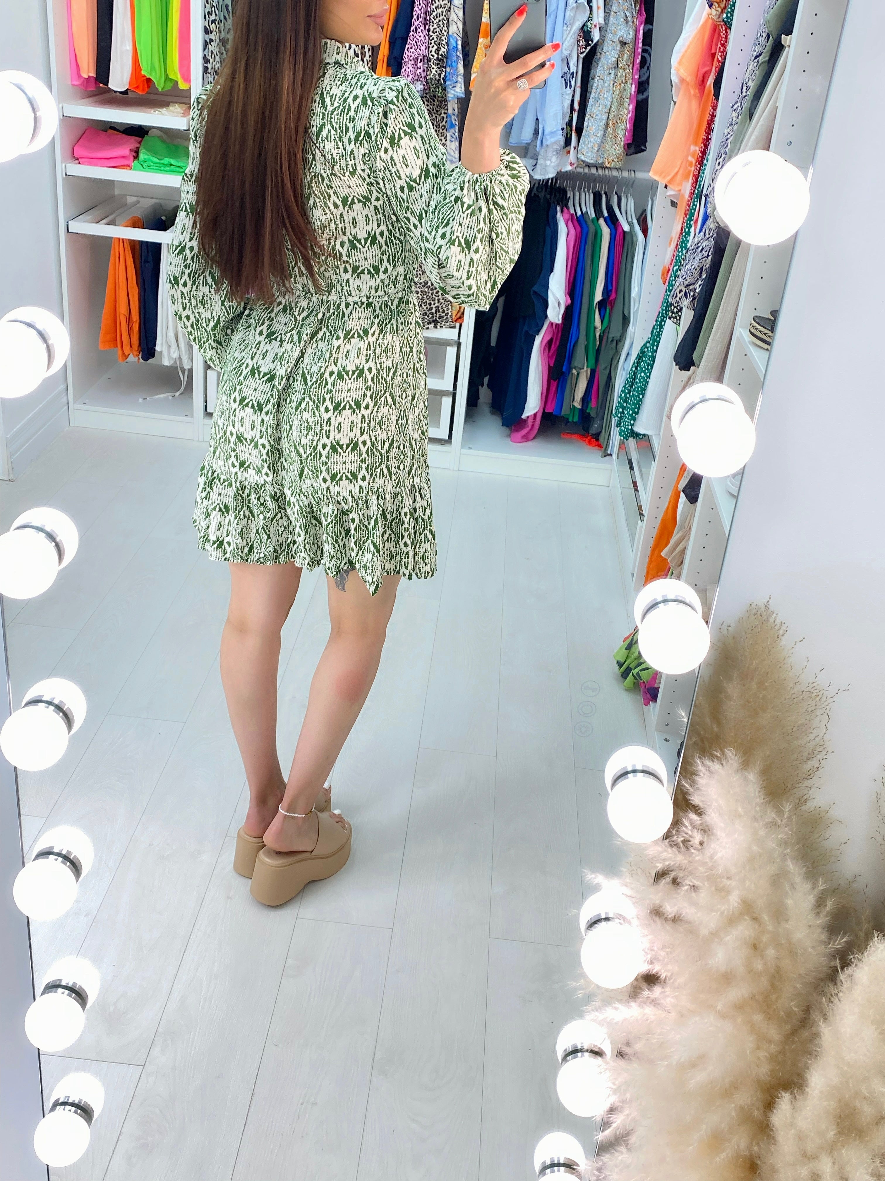 Michaela Mosaic Print Tie Waist Shirt Dress