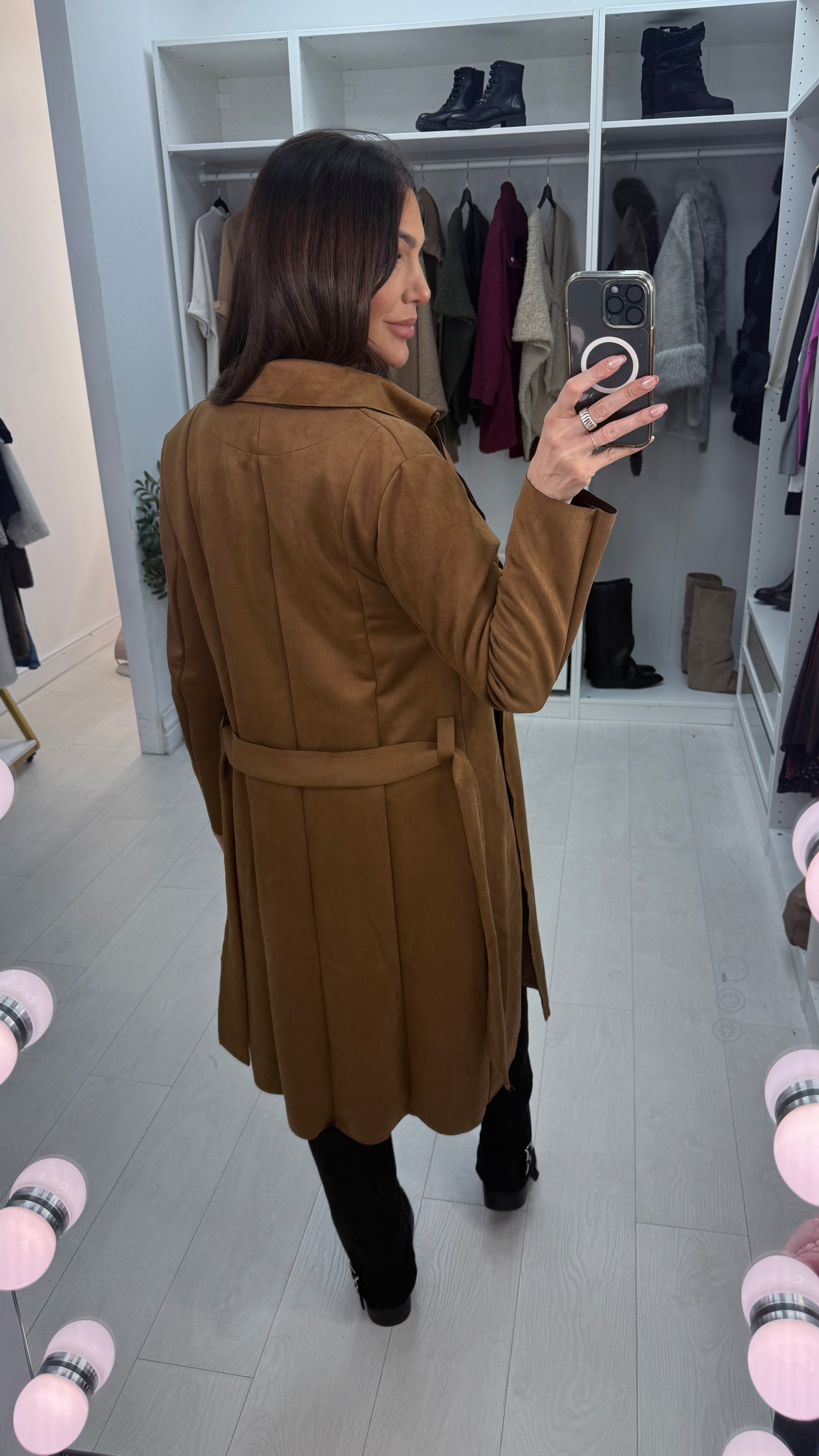 Amaia Plain Suede Belted Longline Coat