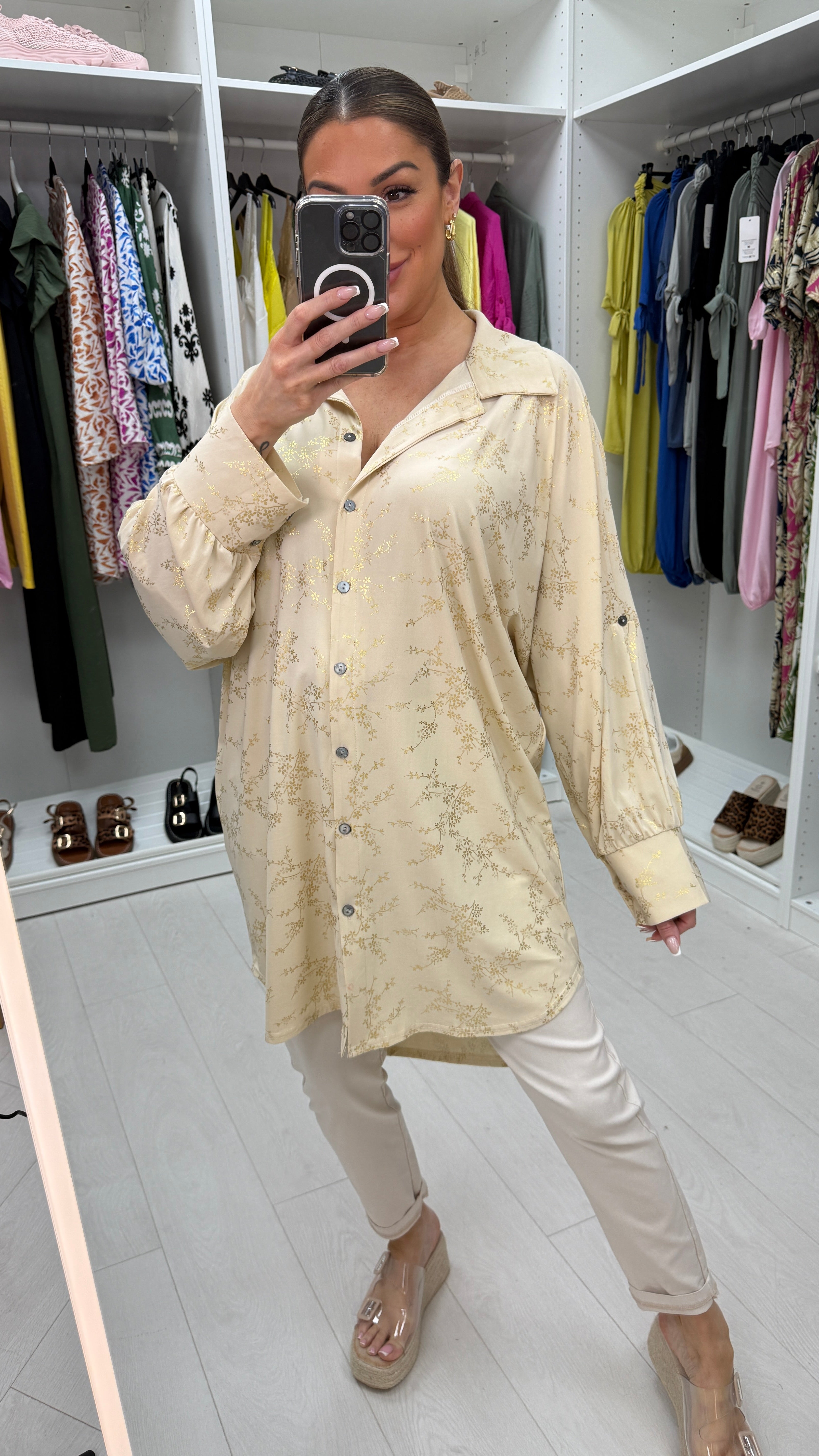 Kourtney Gold Floral Print Magic Longline Shirt