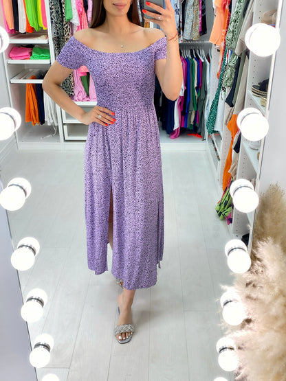 Perdita Lilac Dalmatian Print Bardot Maxi Dress