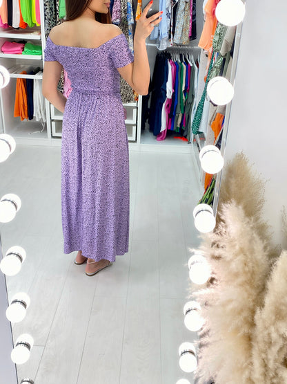 Perdita Lilac Dalmatian Print Bardot Maxi Dress
