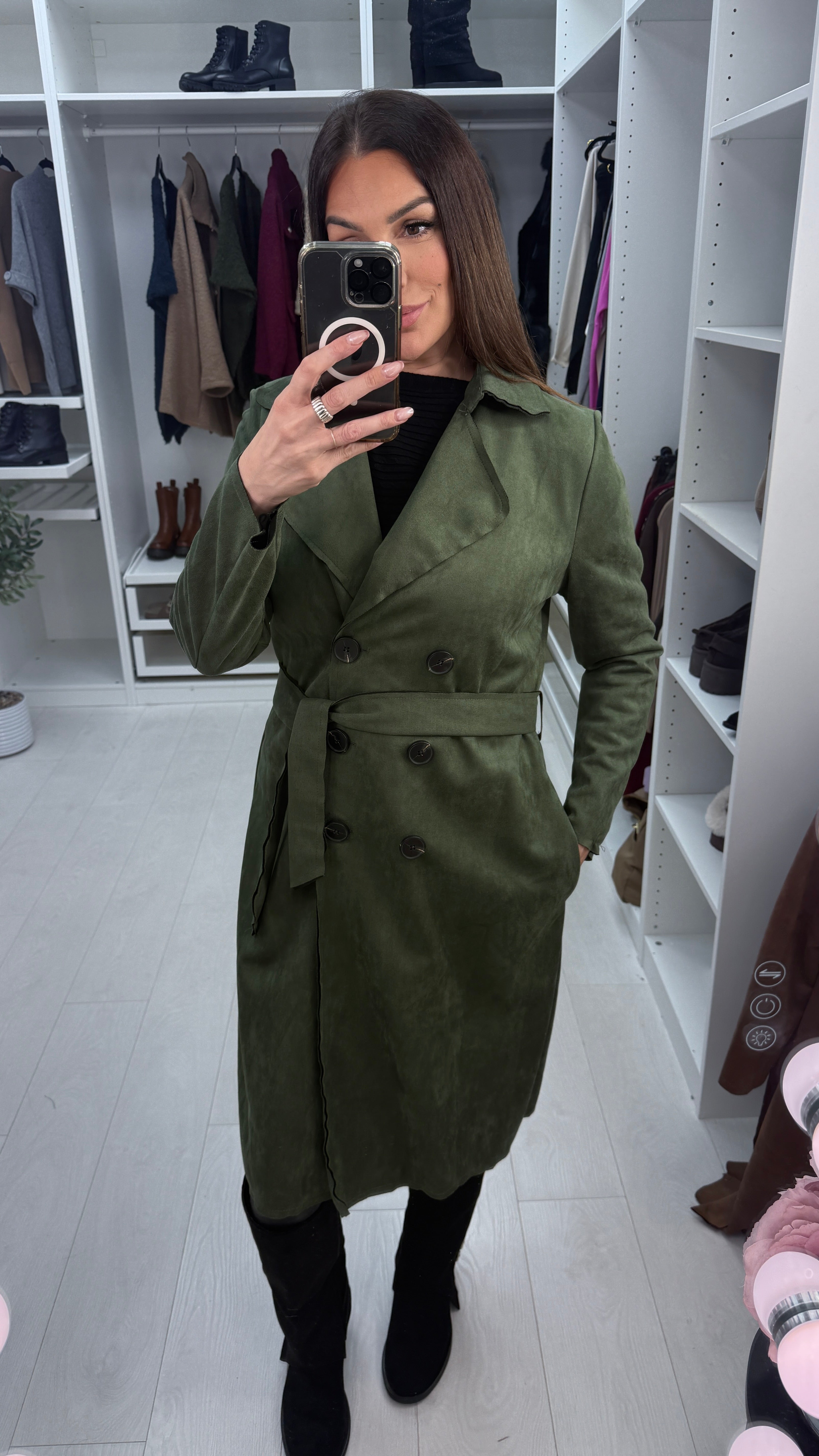Amaia Plain Suede Belted Longline Coat