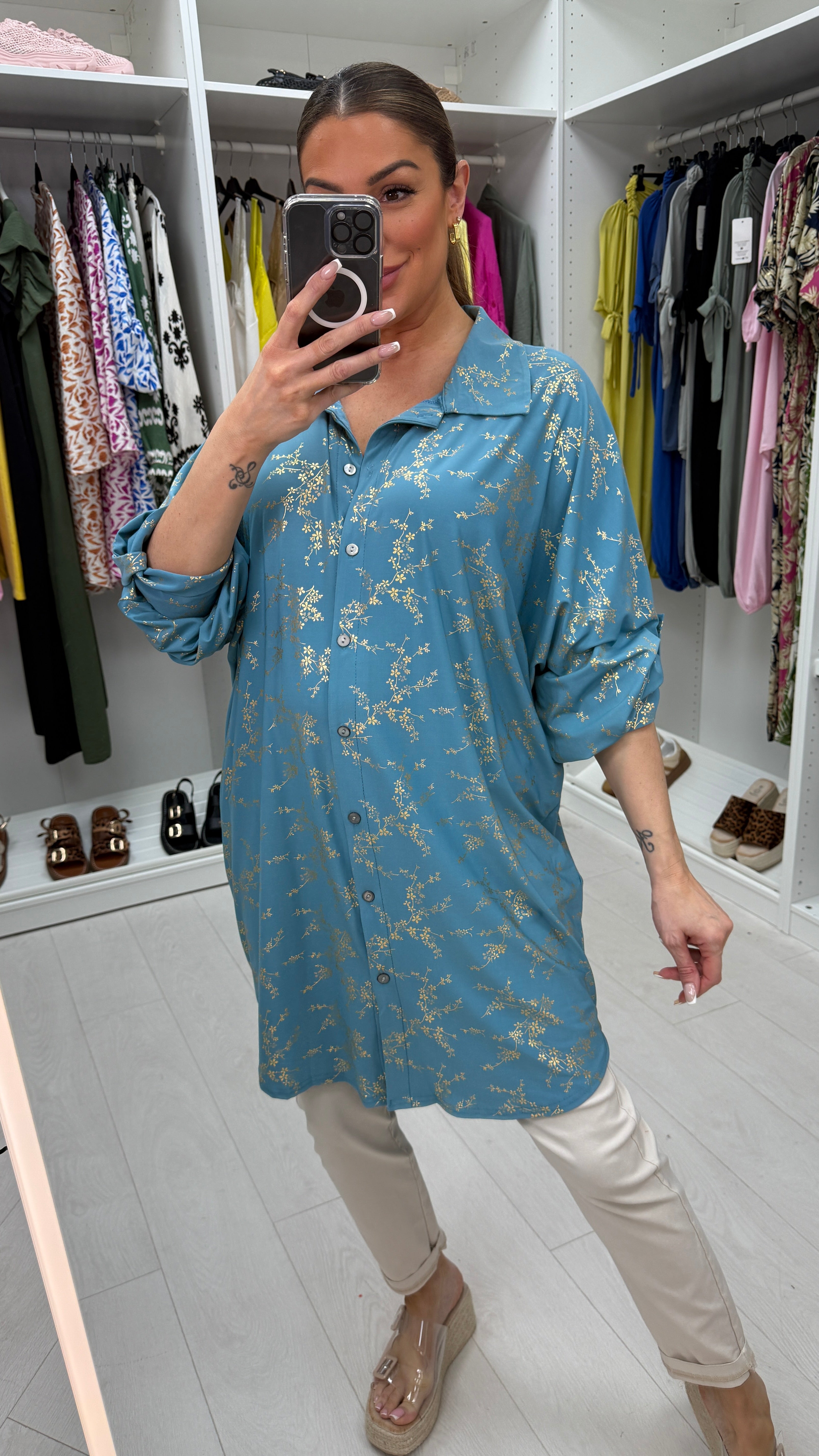 Kourtney Gold Floral Print Magic Longline Shirt