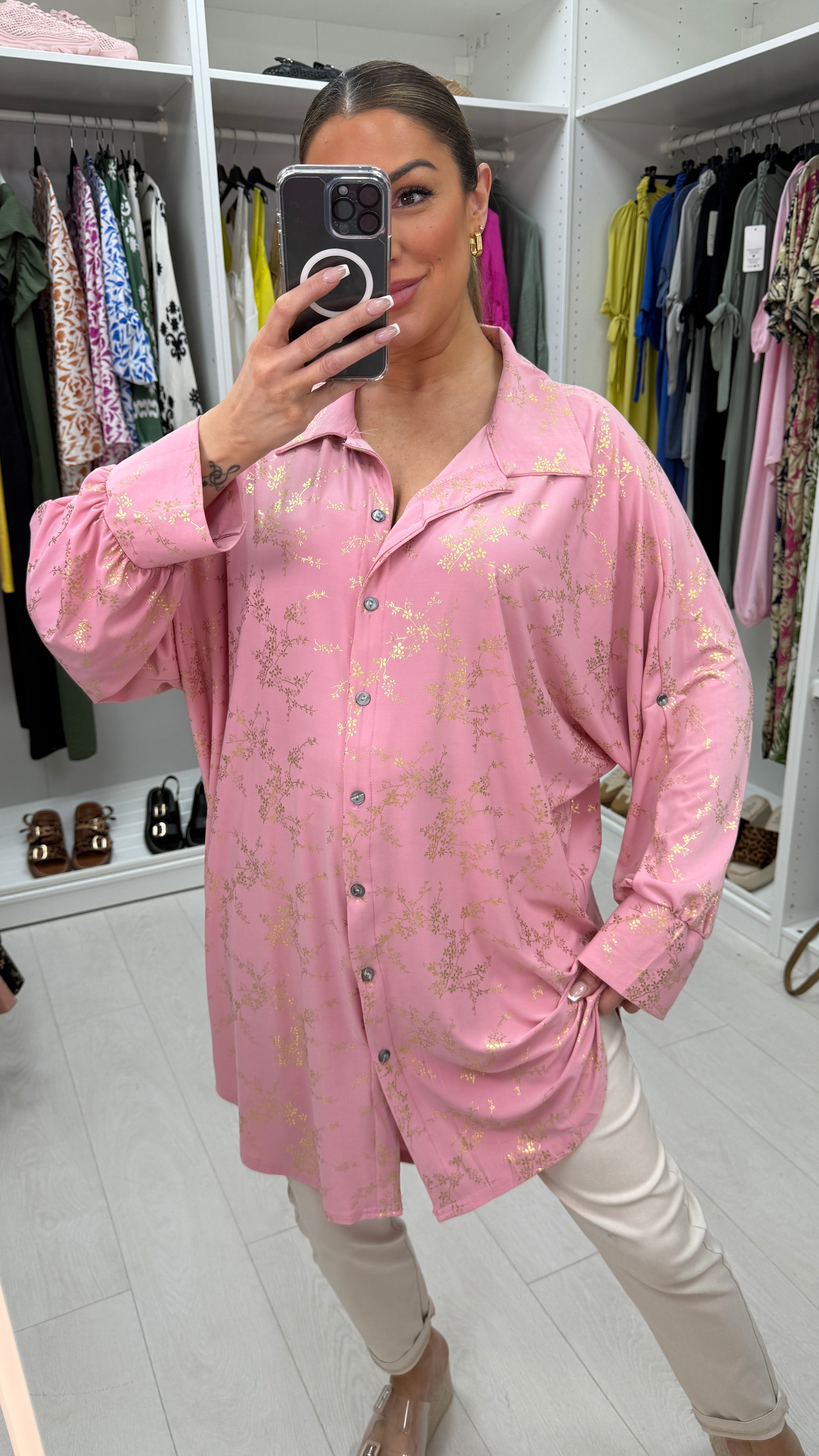 Kourtney Gold Floral Print Magic Longline Shirt