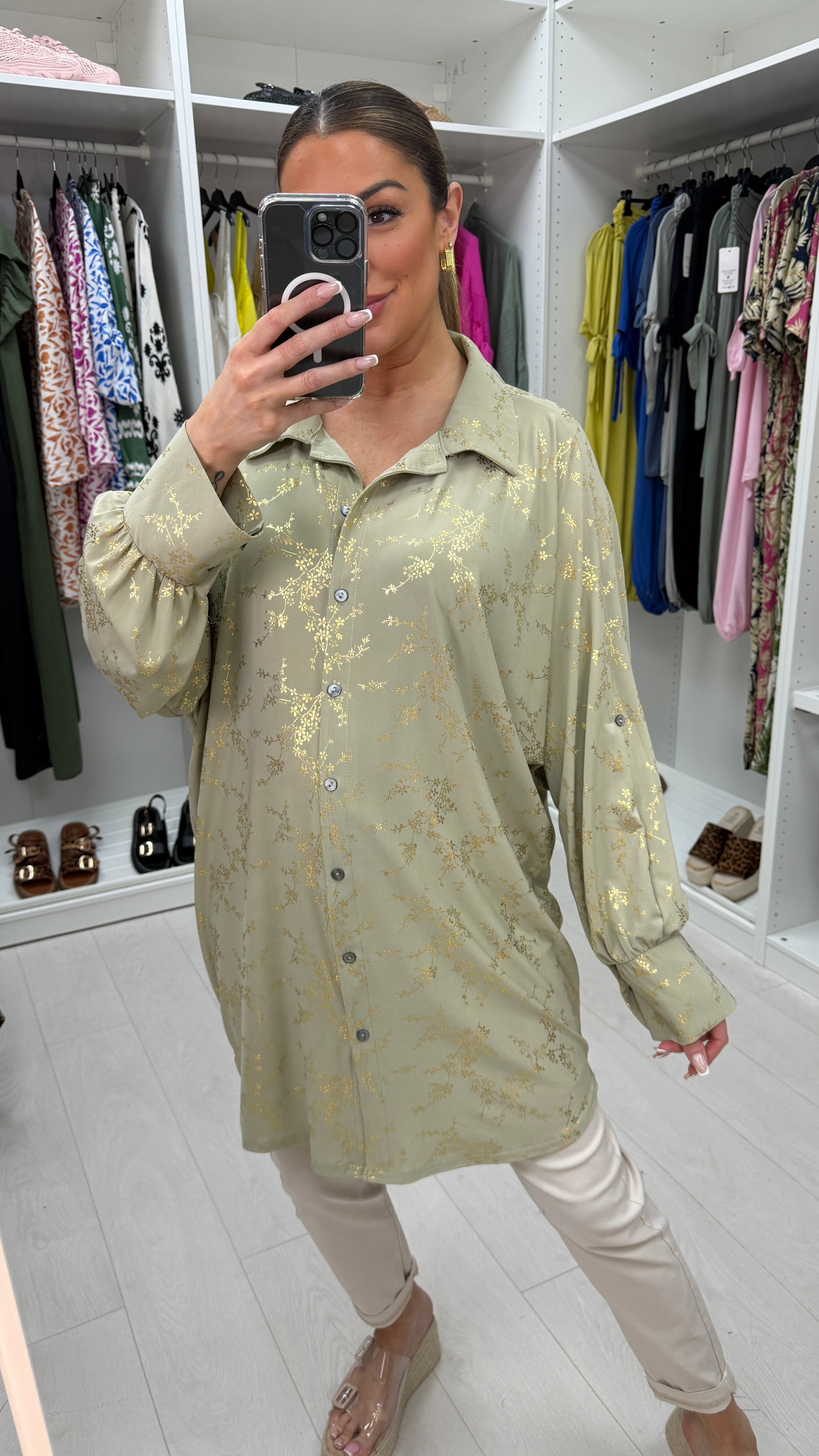 Kourtney Gold Floral Print Magic Longline Shirt