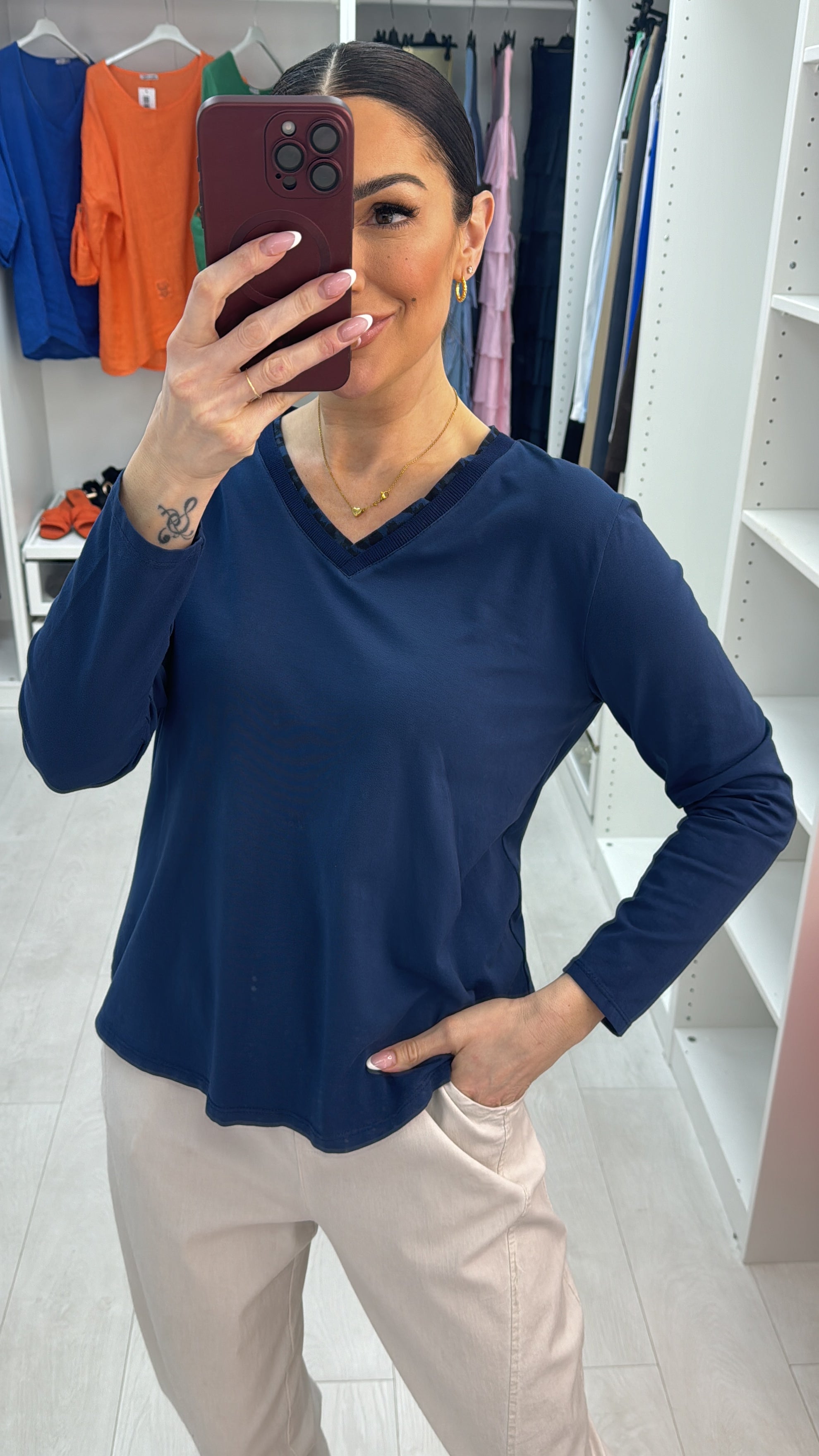 Sophia Plain Leopard Trim Neckline Detail Top