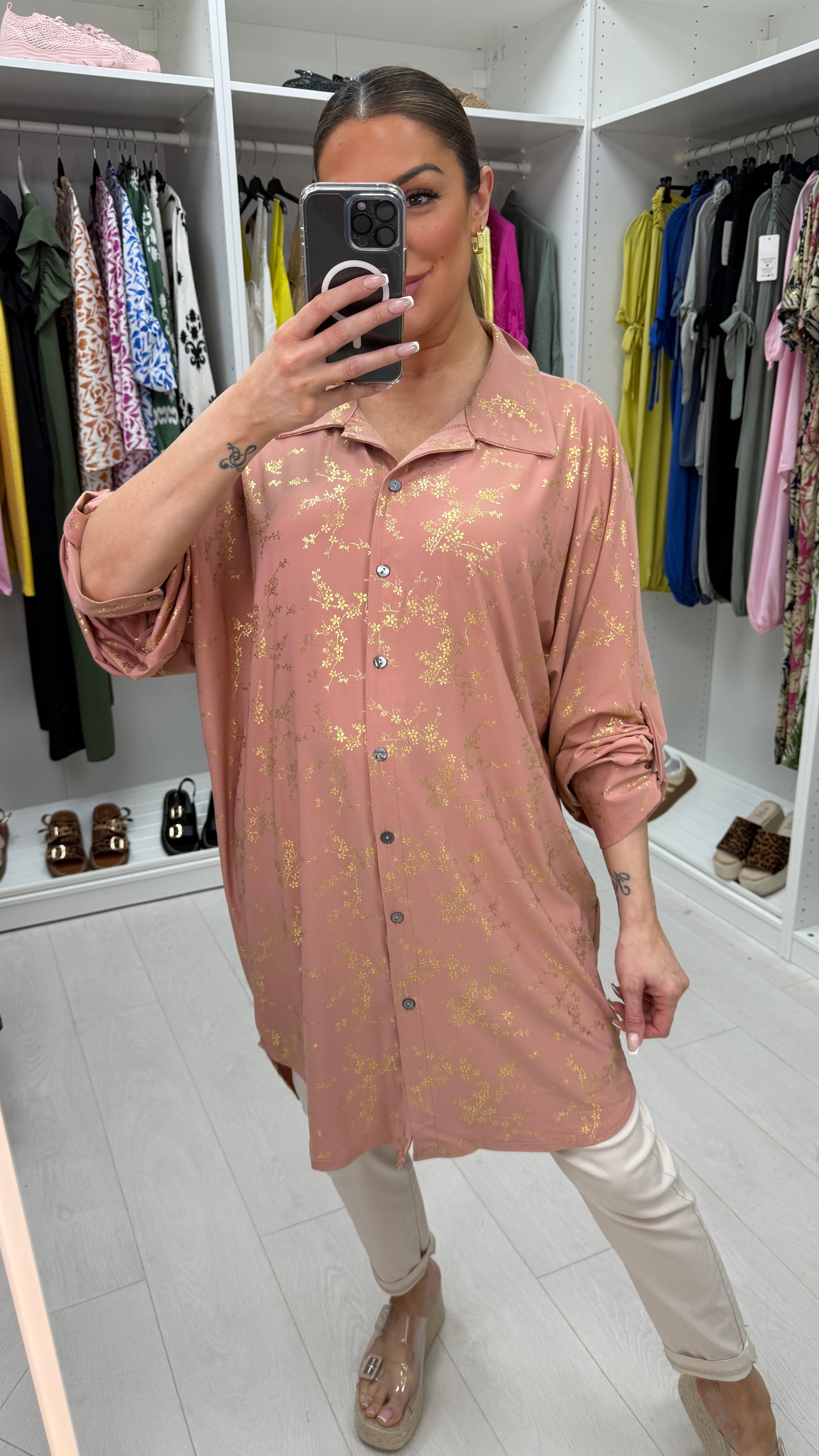 Kourtney Gold Floral Print Magic Longline Shirt