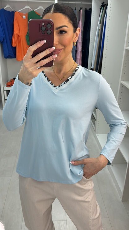 Sophia Plain Leopard Trim Neckline Detail Top