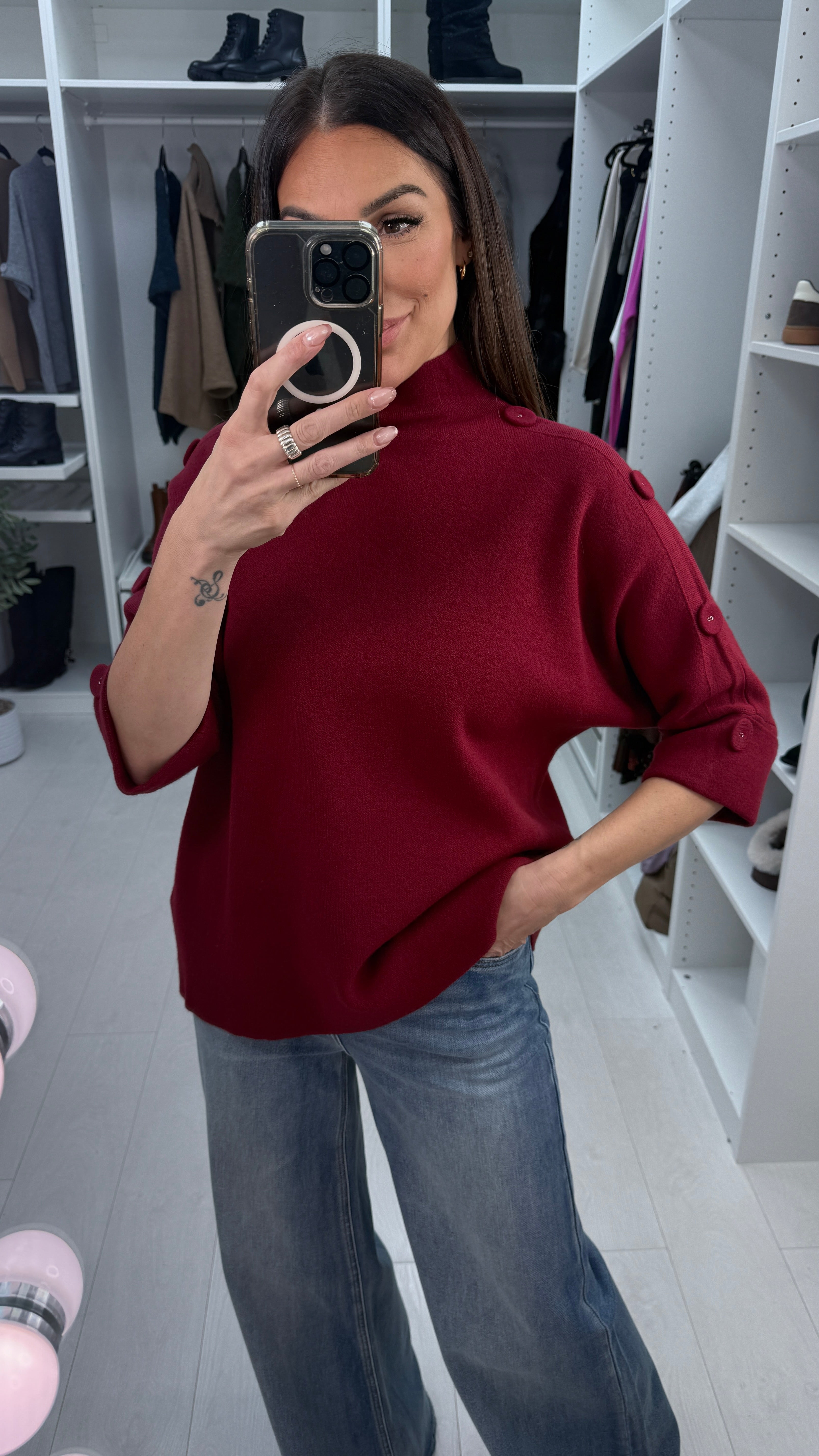 Vinna Plain Button Detail 3/4 Sleeve Jumper