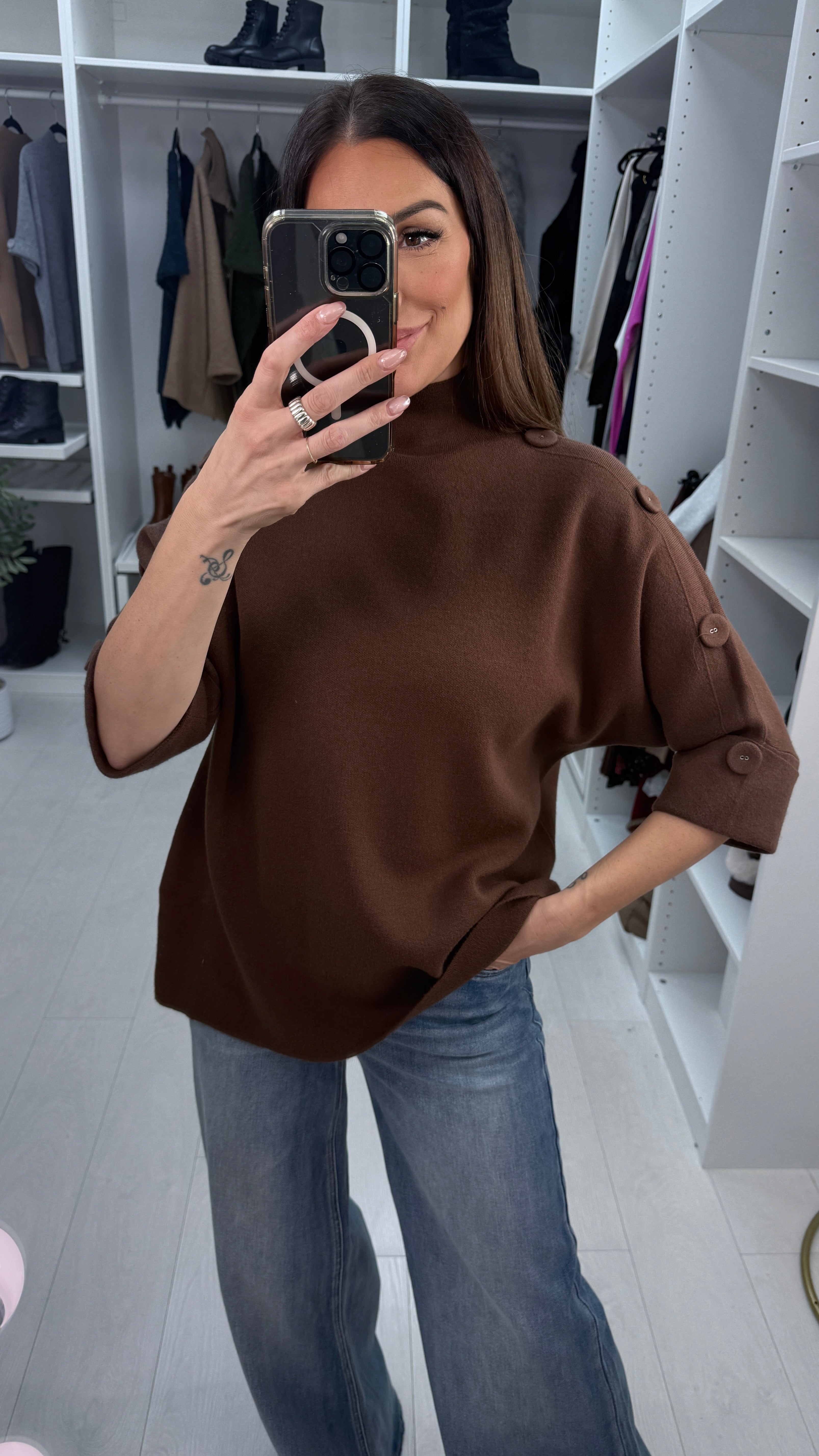 Vinna Plain Button Detail 3/4 Sleeve Jumper