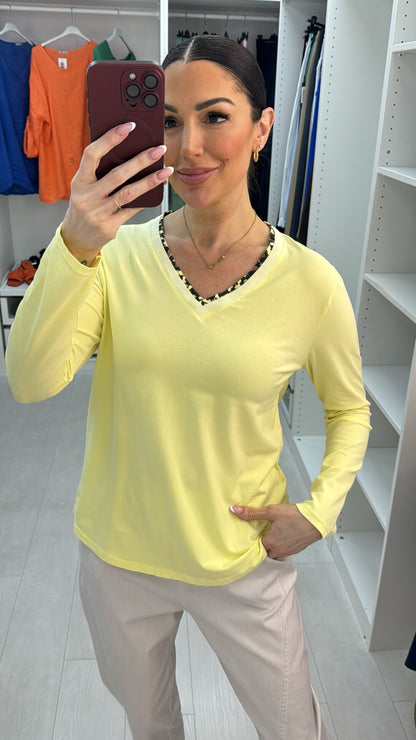 Sophia Plain Leopard Trim Neckline Detail Top