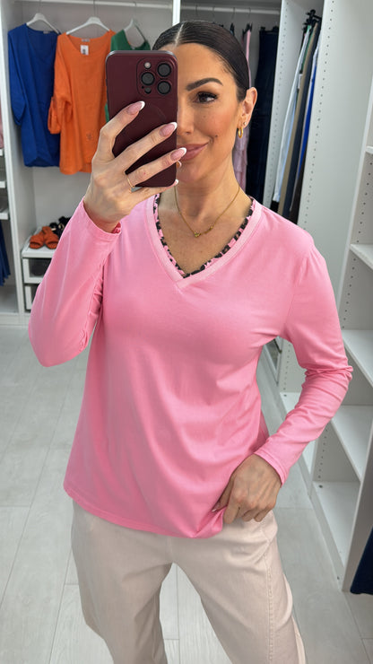 Sophia Plain Leopard Trim Neckline Detail Top