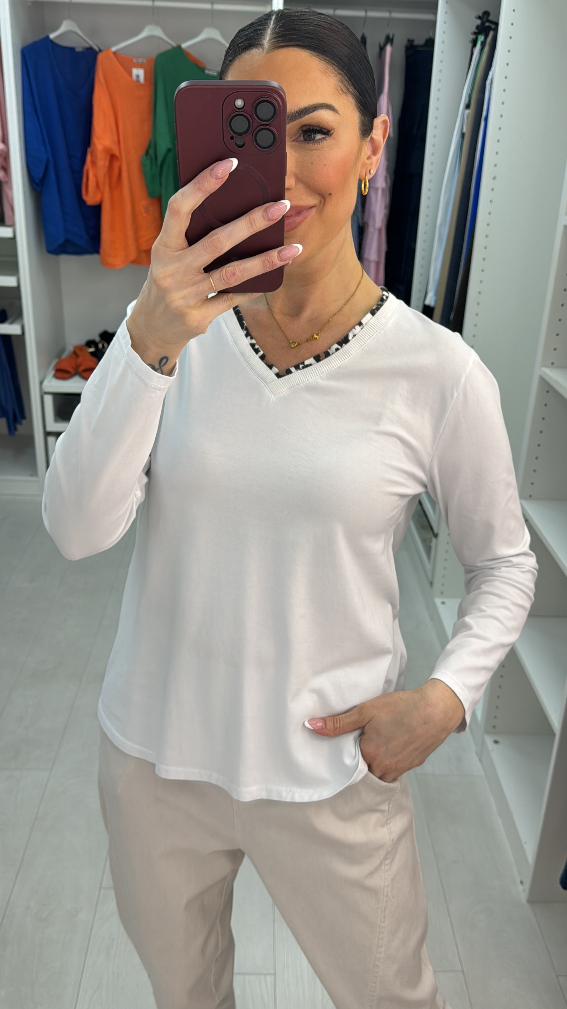 Sophia Plain Leopard Trim Neckline Detail Top