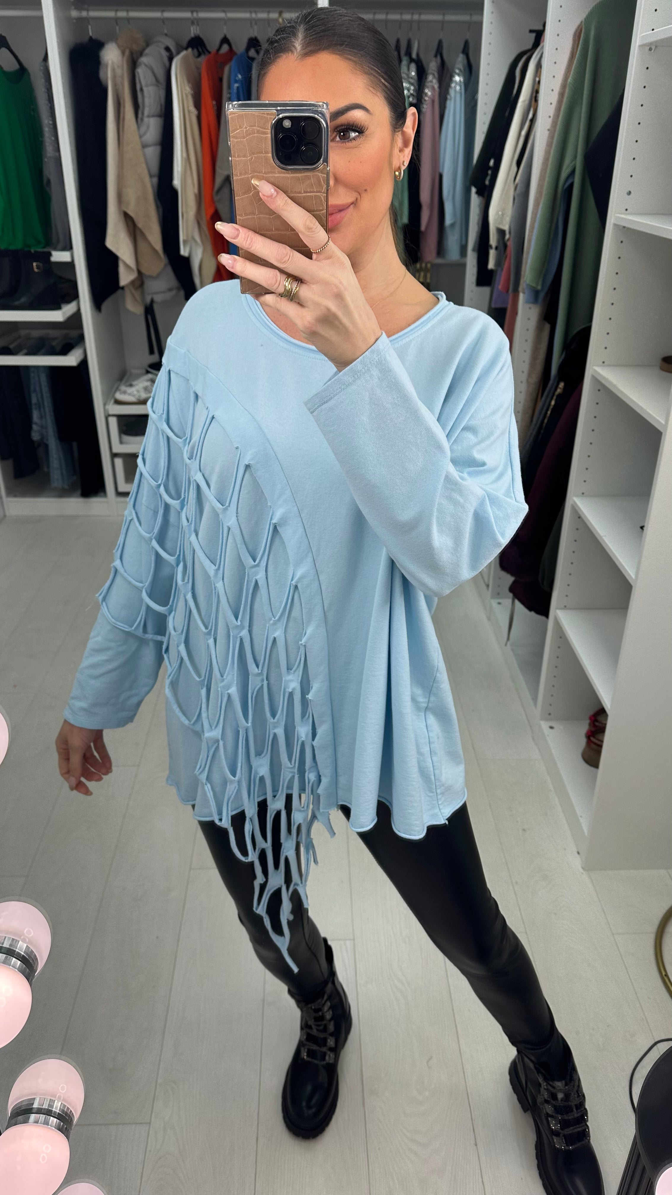 Georgia Plain Distressed Fish Net Detail Top