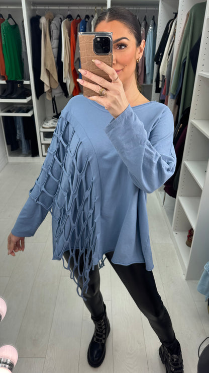 Georgia Plain Distressed Fish Net Detail Top