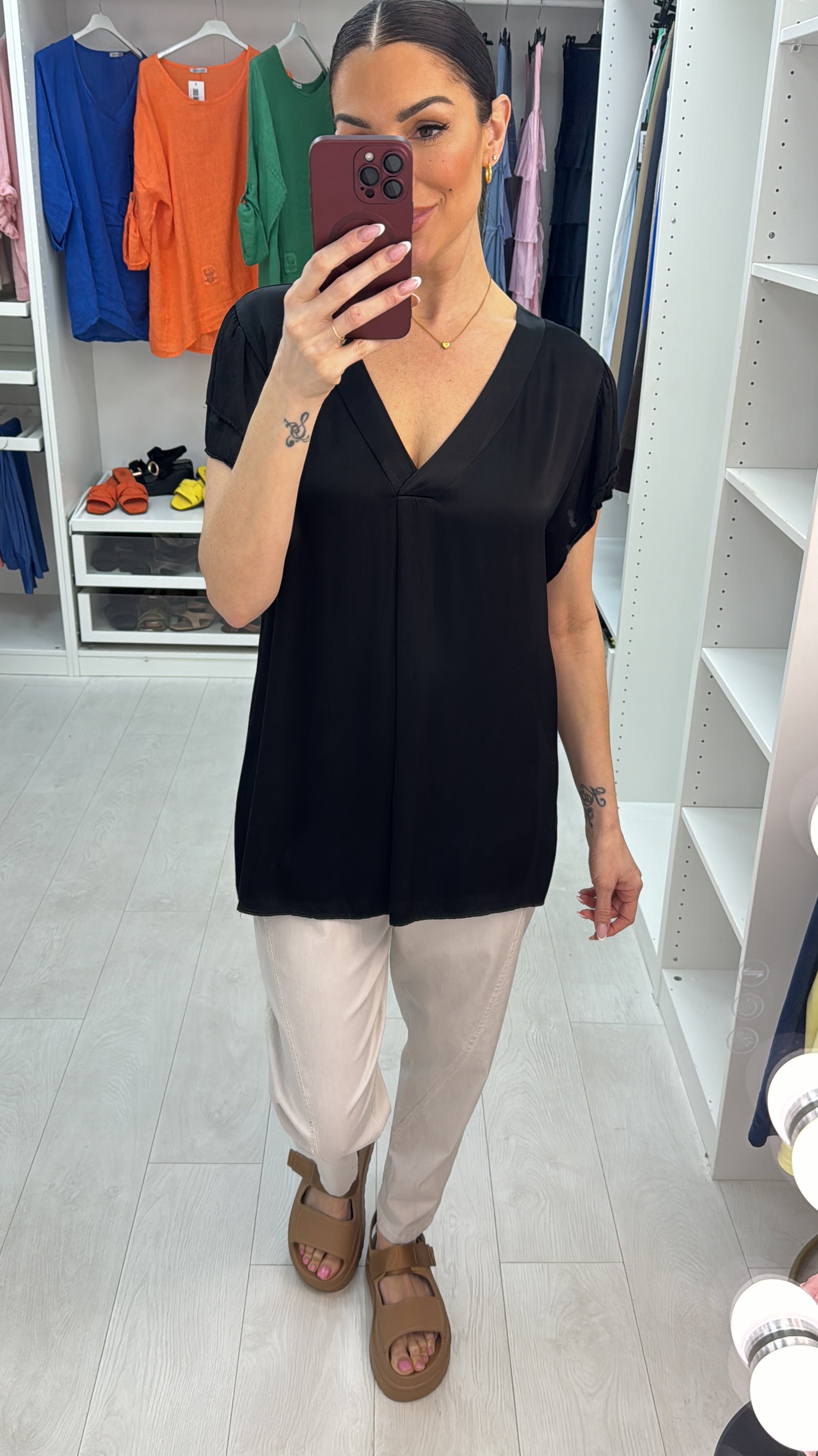 Sophie V Neck Short Sleeve Satin Top