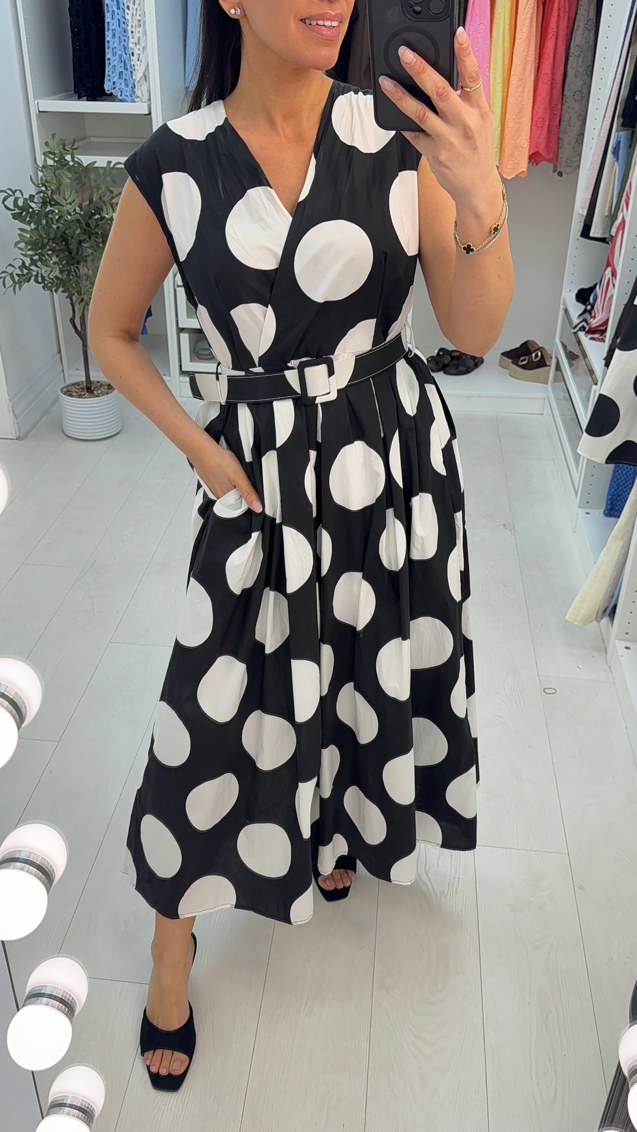 Jarna Polka Dot V Neck Belted Maxi Dress