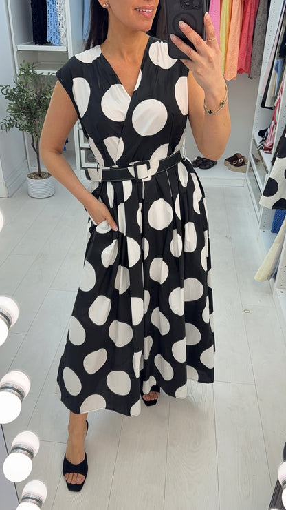 Jarna Polka Dot V Neck Belted Maxi Dress