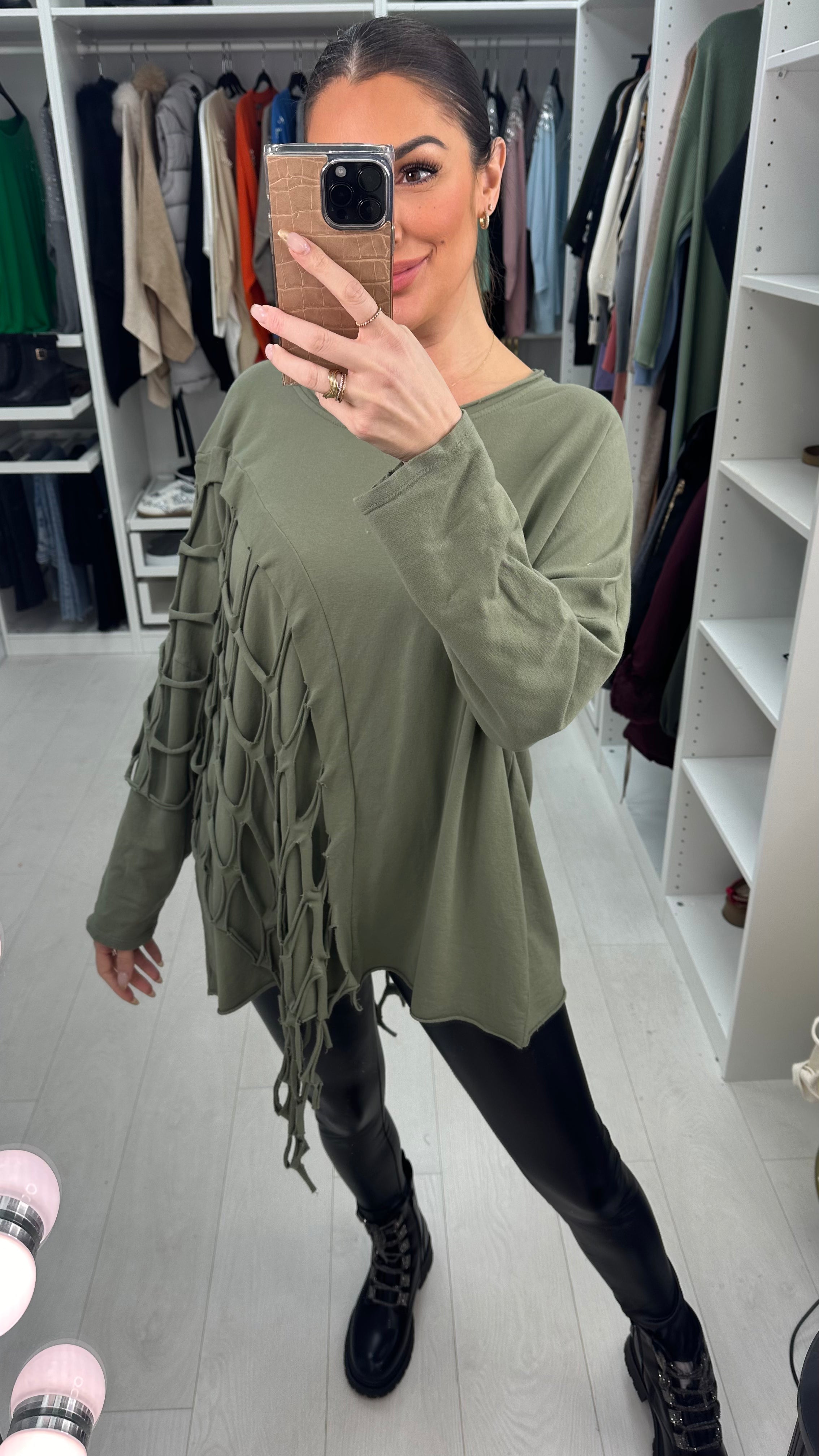 Georgia Plain Distressed Fish Net Detail Top