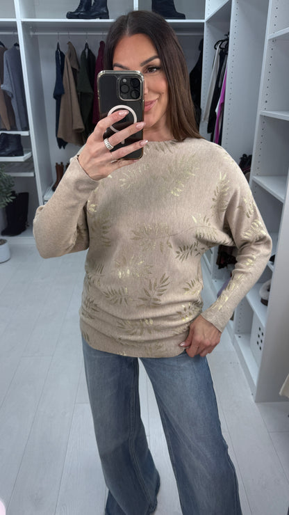 Zerafina Gold Leaf Pattern Knit Jumper