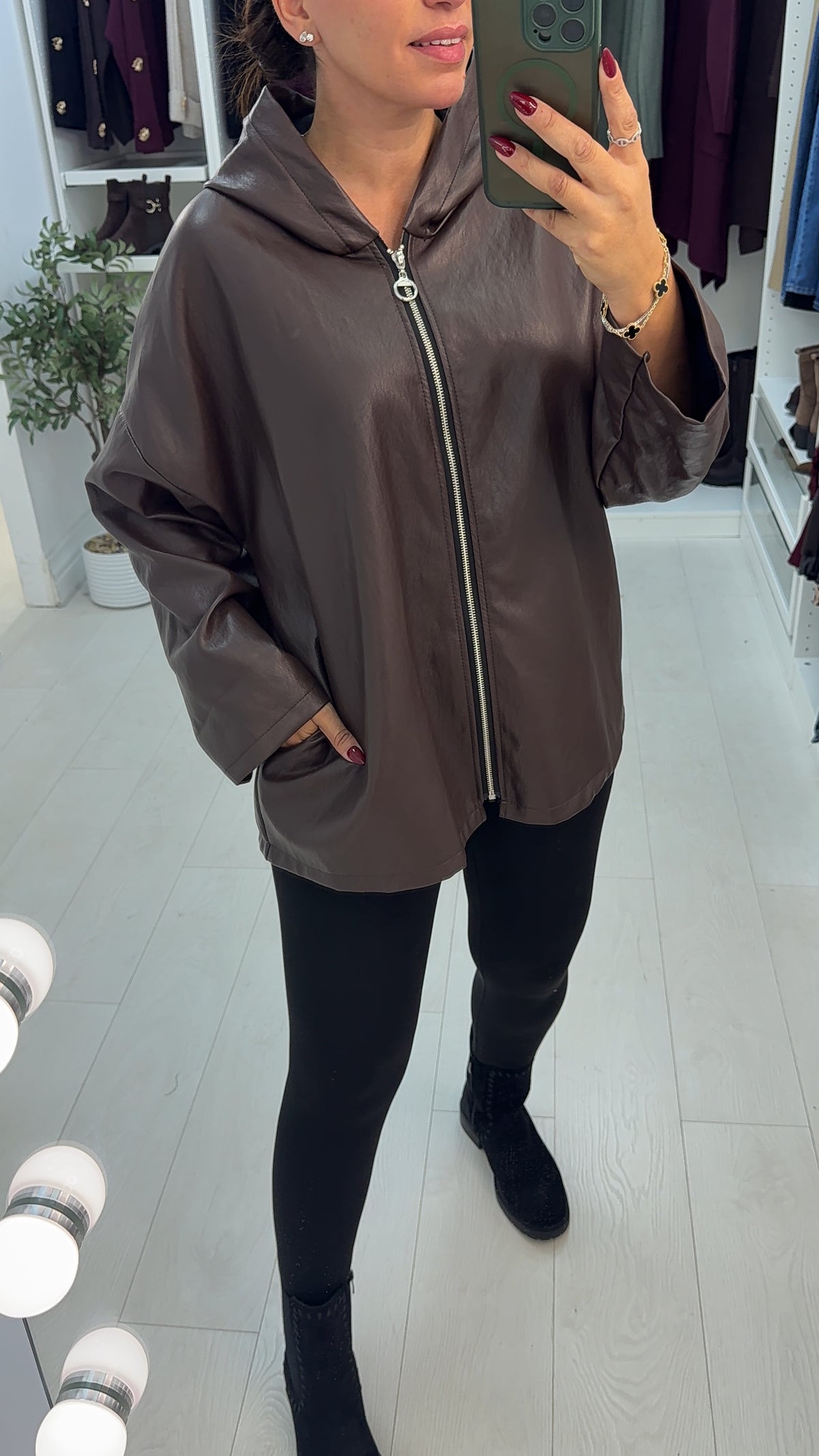 Oslin Faux Leather Hooded Zip Front Jacket
