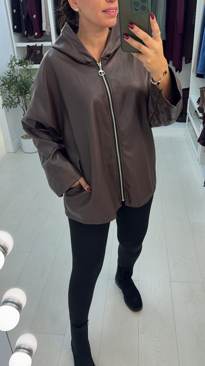 Oslin Faux Leather Hooded Zip Front Jacket