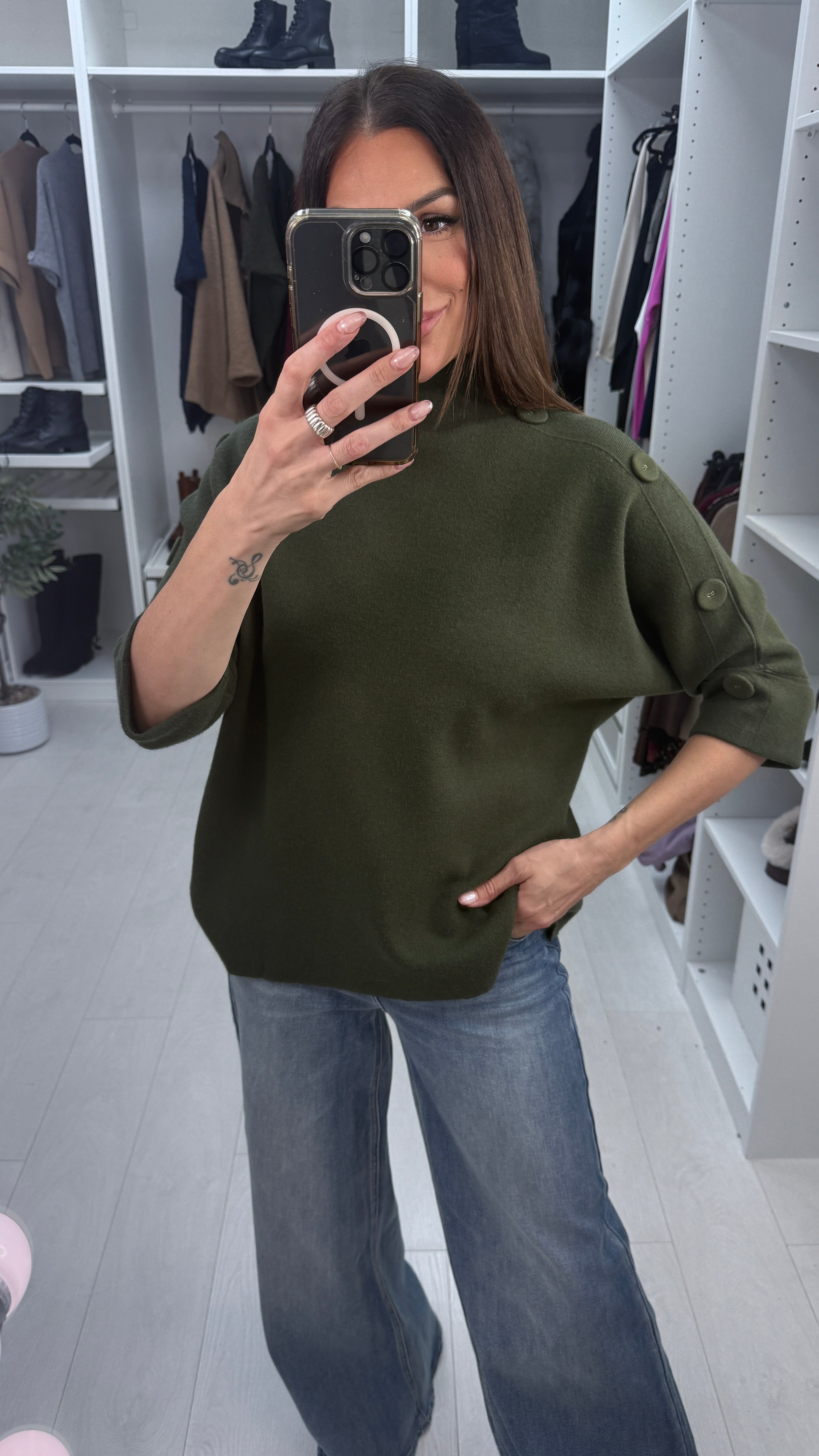 Vinna Plain Button Detail 3/4 Sleeve Jumper