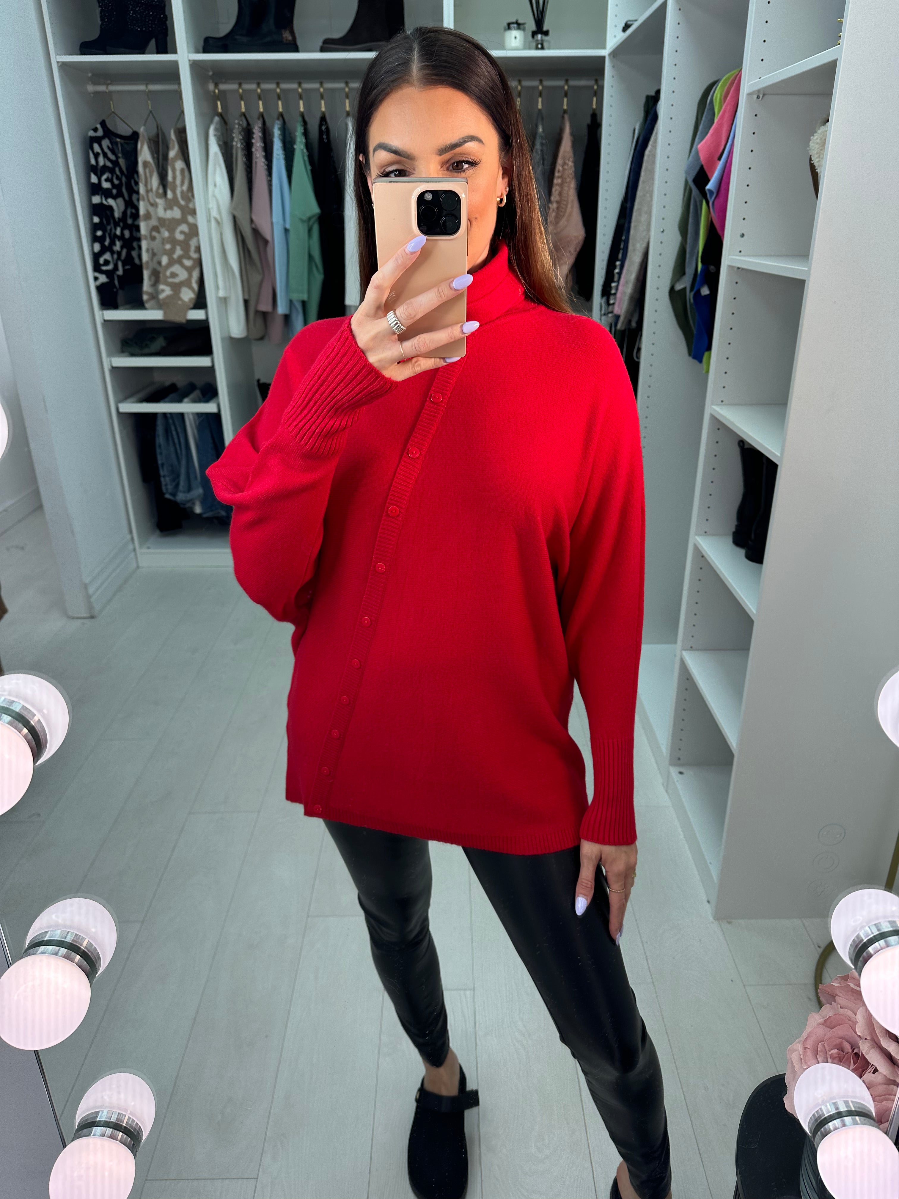 Selda Asymmetric Button Detailed Roll Neck Knit Jumper