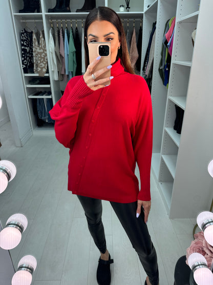 Selda Asymmetric Button Detailed Roll Neck Knit Jumper