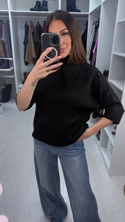 Vinna Plain Button Detail 3/4 Sleeve Jumper