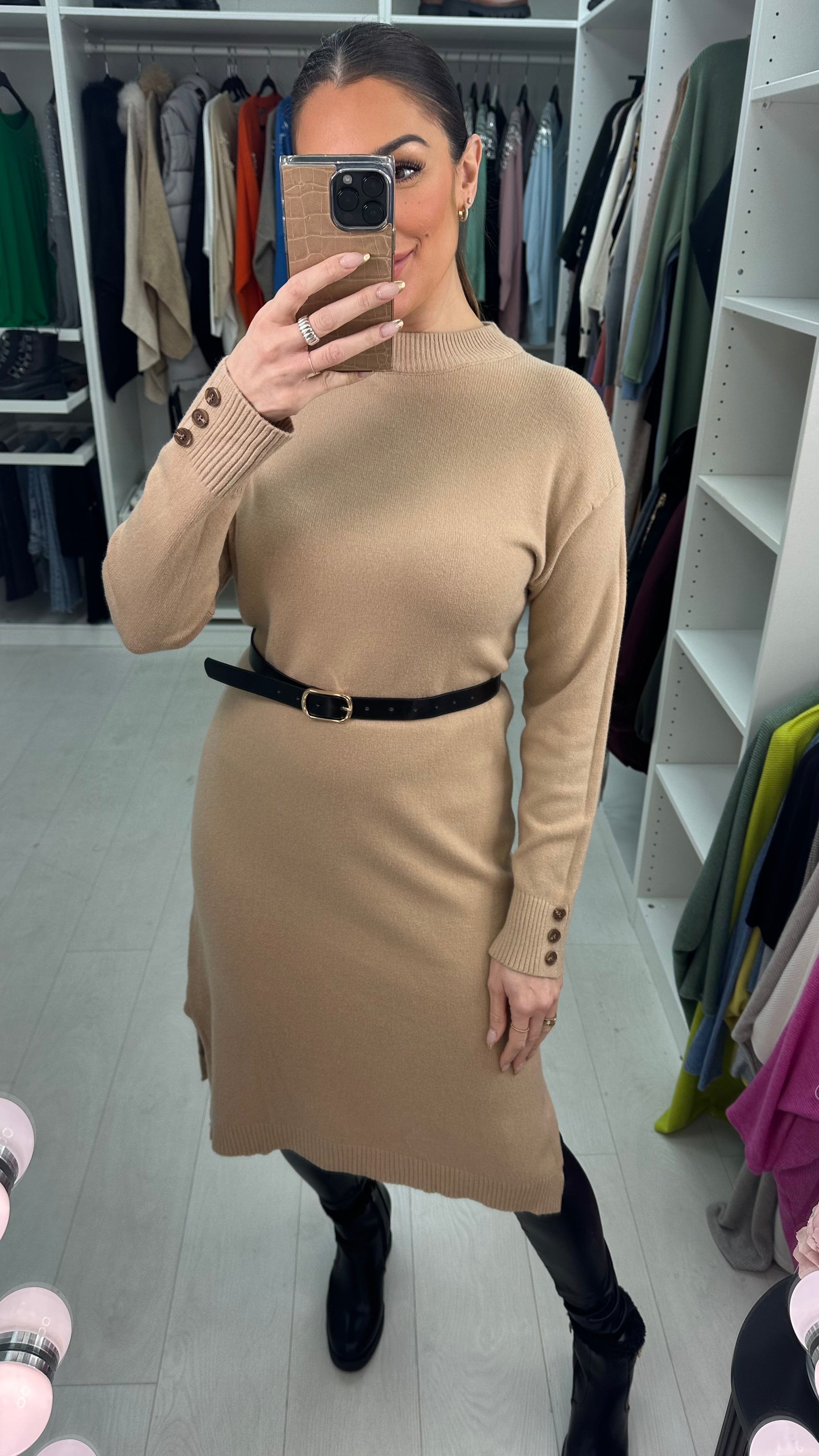 Tamara Plain Faux Leather Belt Jumper Dress