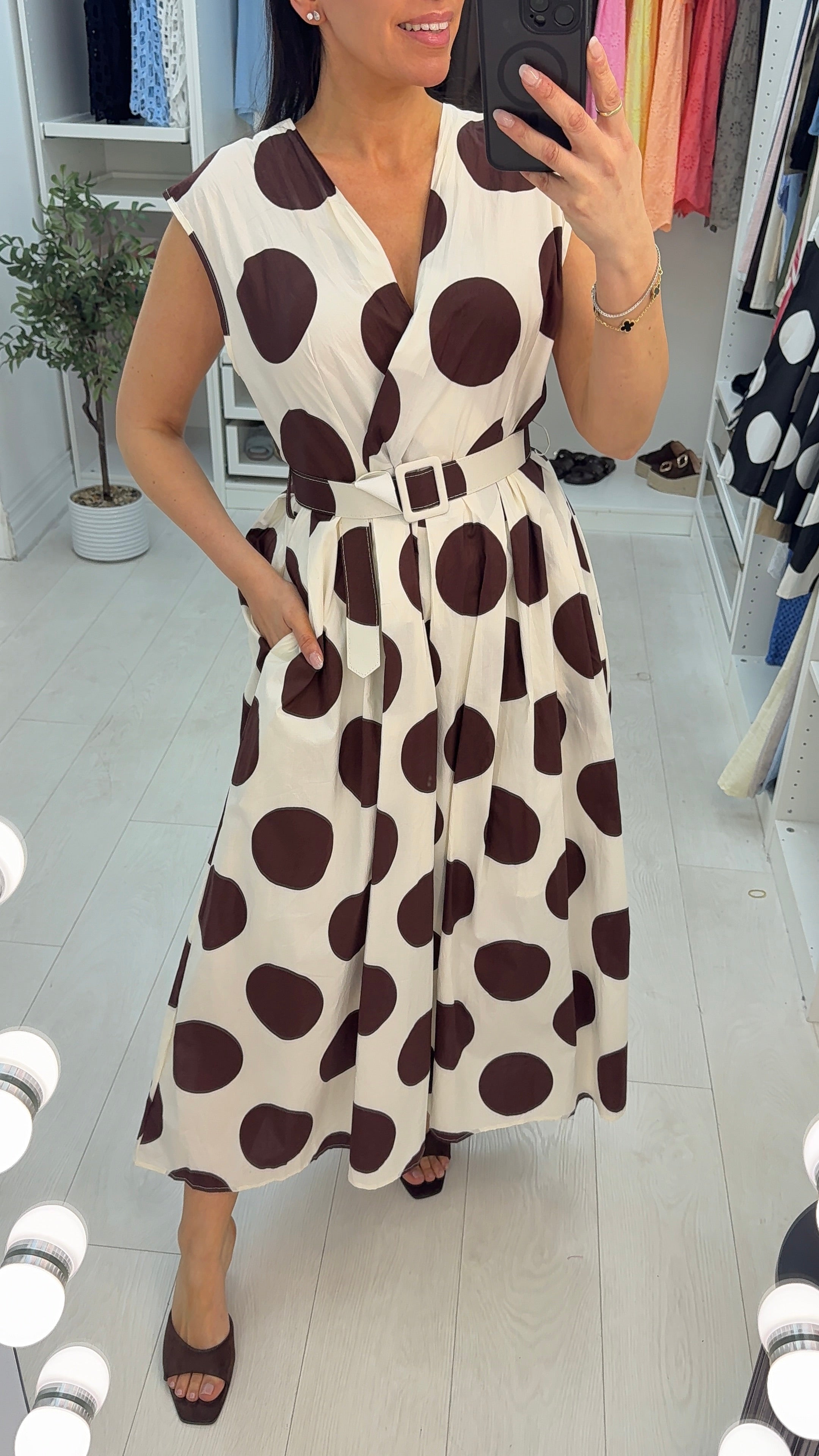 Jarna Polka Dot V Neck Belted Maxi Dress