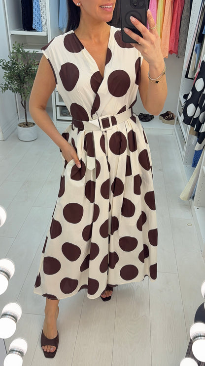 Jarna Polka Dot V Neck Belted Maxi Dress