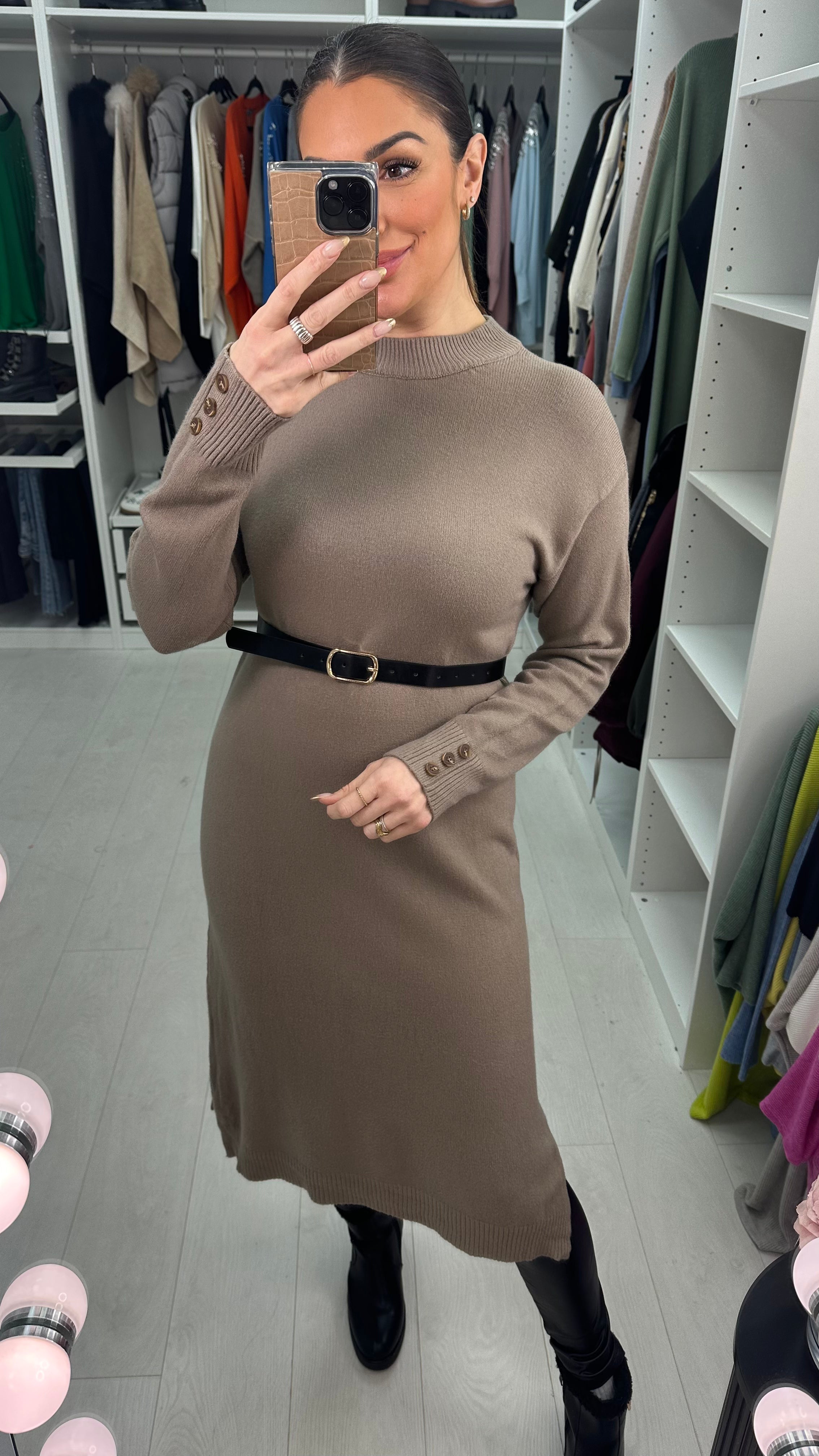 Tamara Plain Faux Leather Belt Jumper Dress