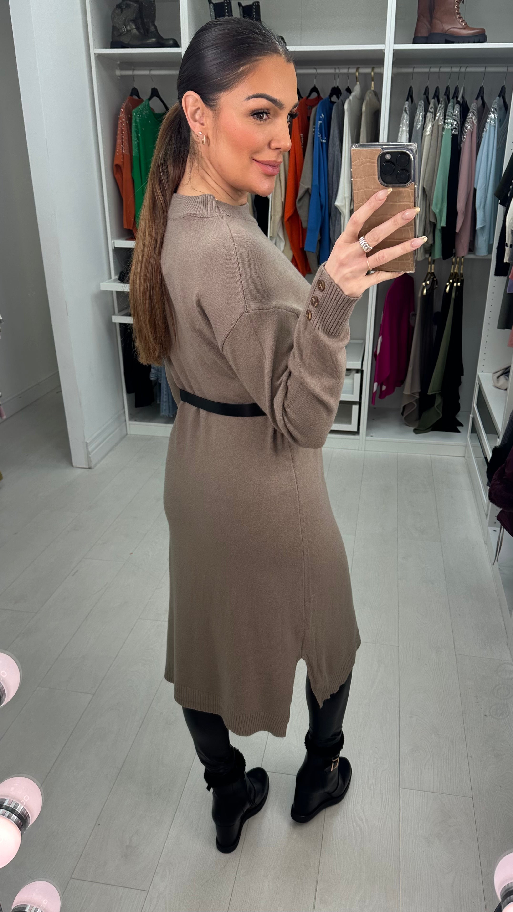 Tamara Plain Faux Leather Belt Jumper Dress