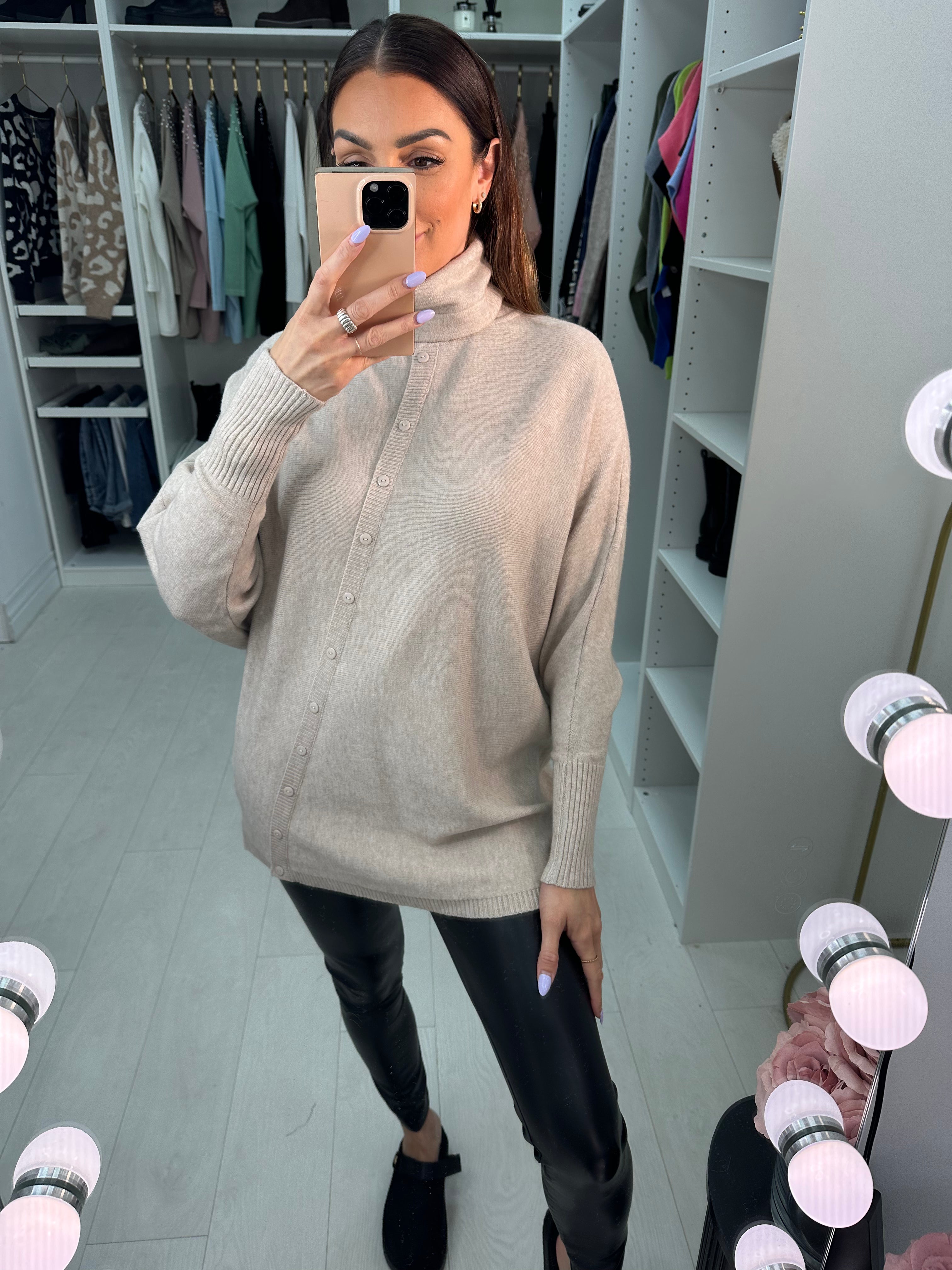 Selda Asymmetric Button Detailed Roll Neck Knit Jumper