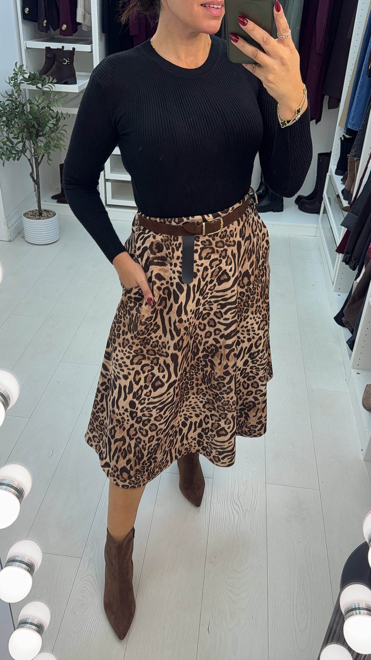 Luciana Leopard Print Belted Corduroy Skirt