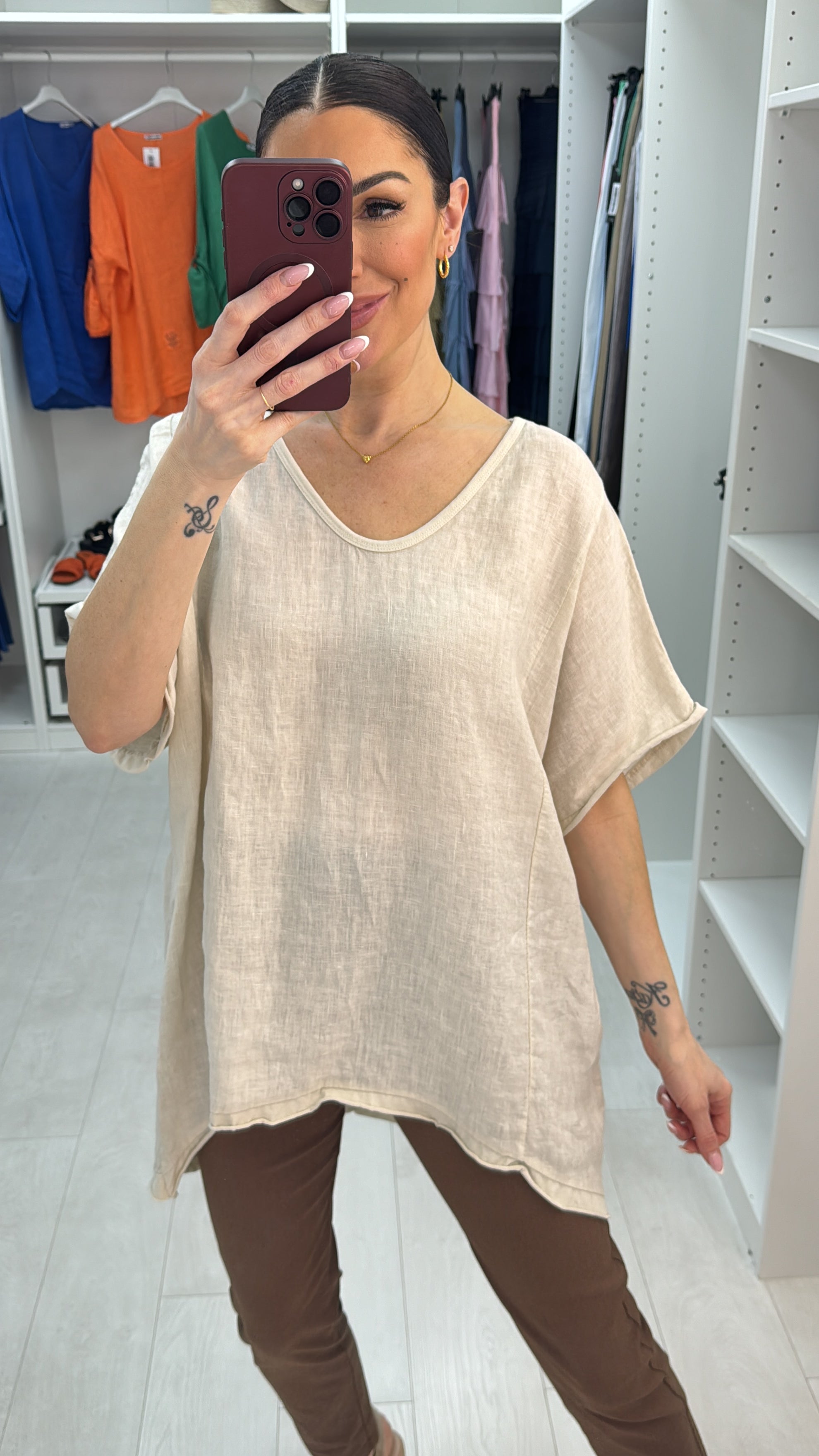 Claire Plain Linen V Neck Loose Fit Top
