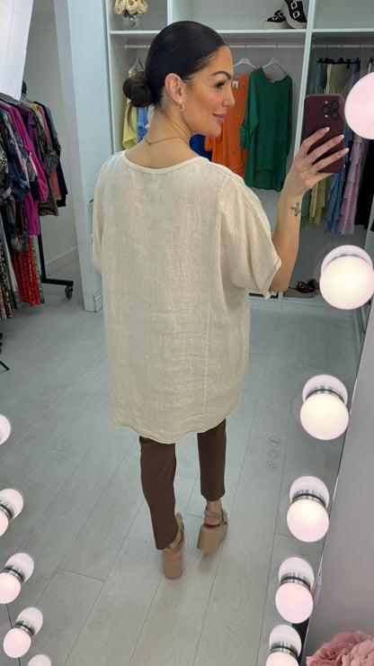 Claire Plain Linen V Neck Loose Fit Top