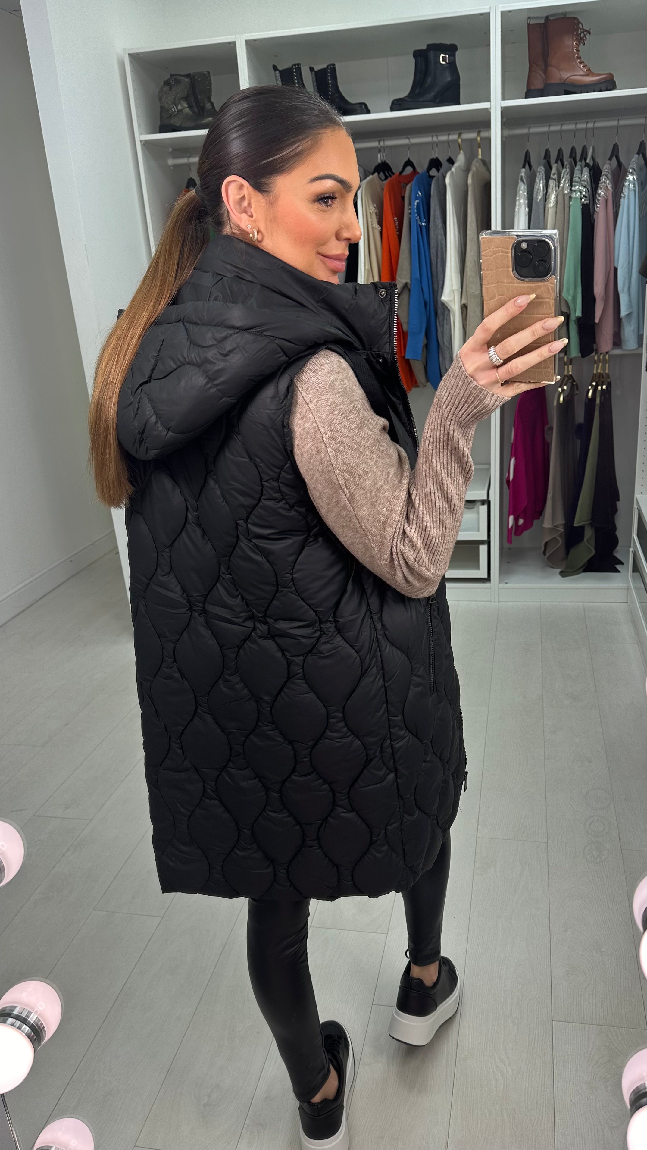 June Black Hooded Quilted Puffer Gilet