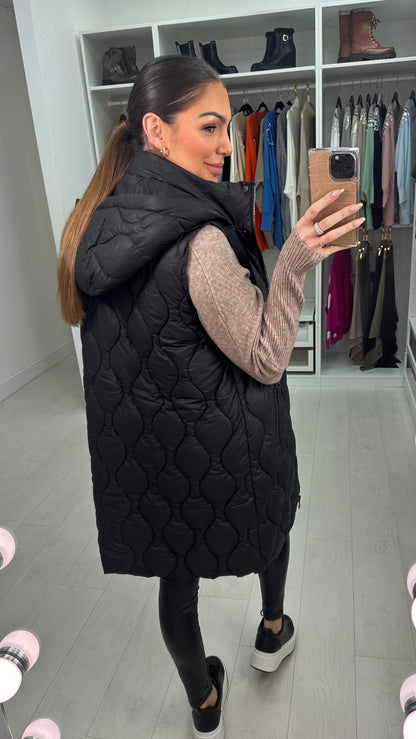 June Black Hooded Quilted Puffer Gilet